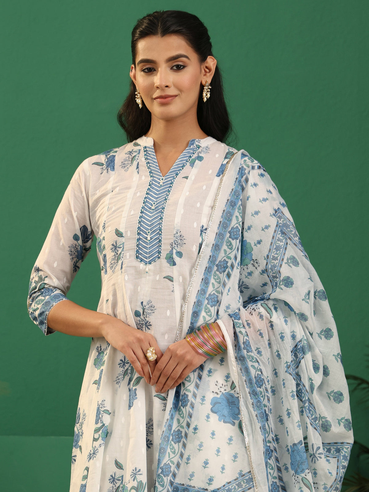 Anouk White Floral Printed Cotton Anarakali Suit Set