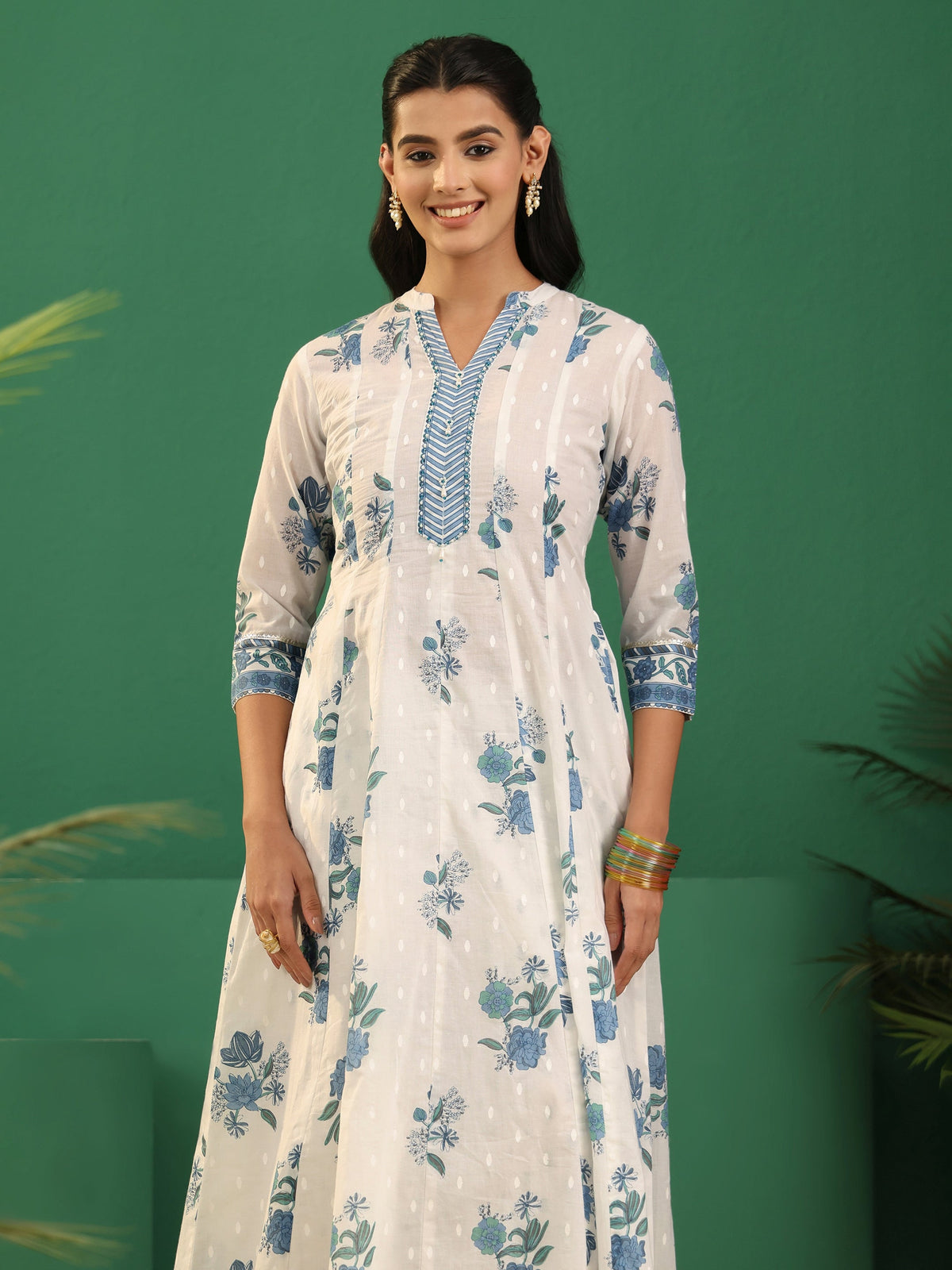 Anouk White Floral Printed Cotton Anarakali Suit Set