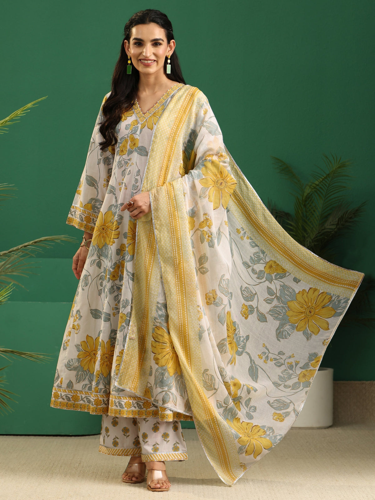 Anouk White Floral Printed Cotton Anarkali Suit Set