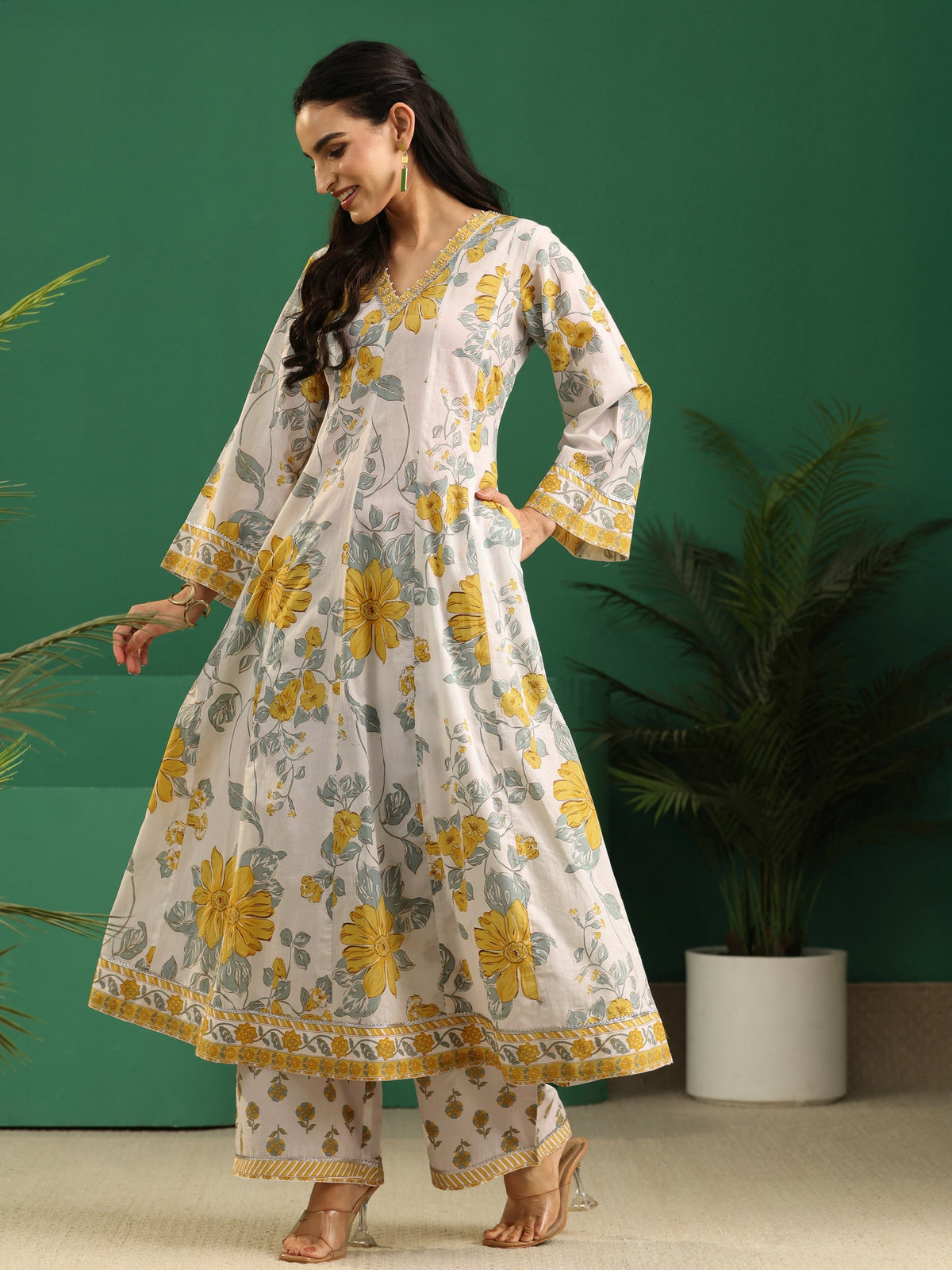 Anouk White Floral Printed Cotton Anarkali Suit Set