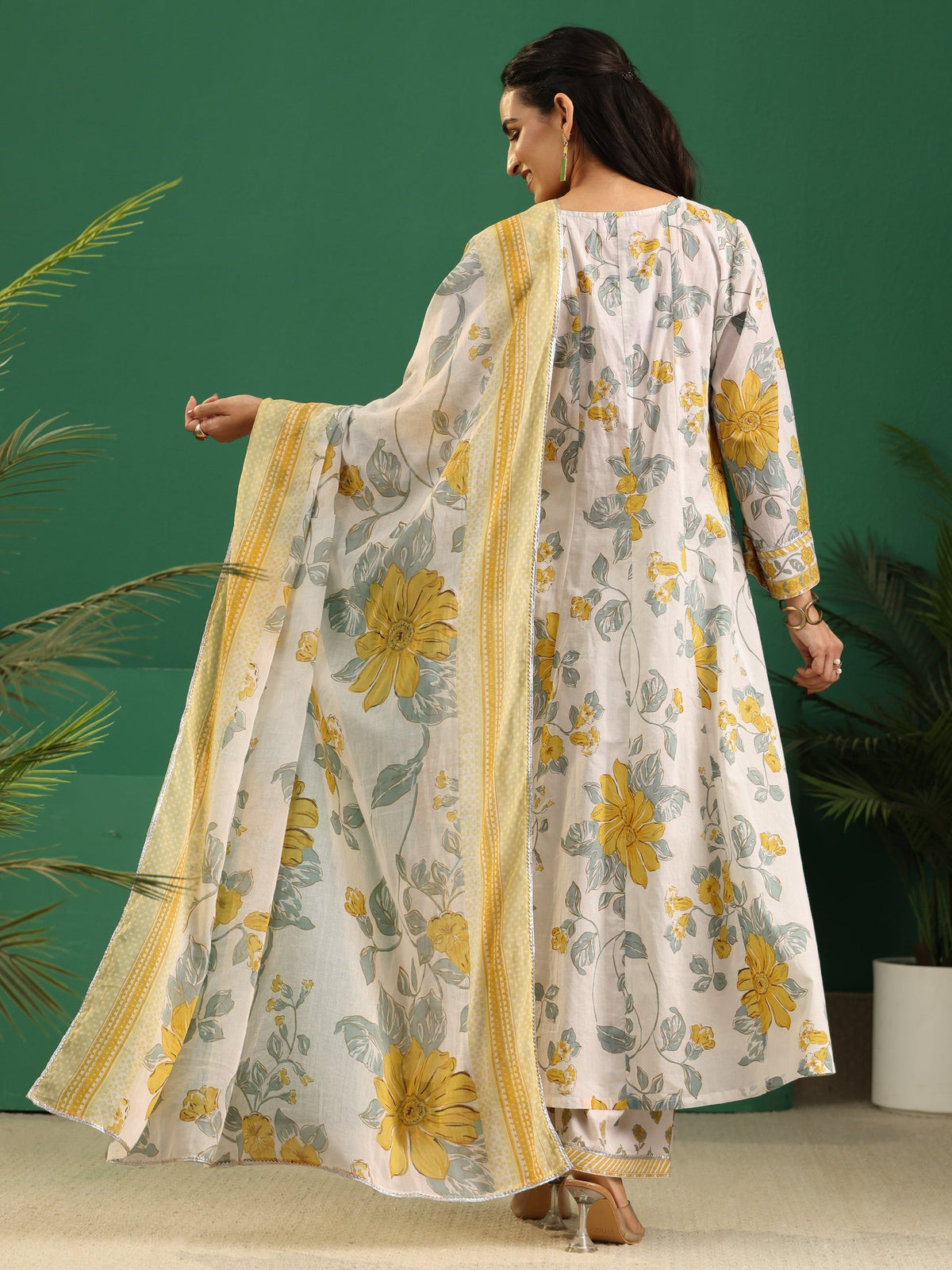 Anouk White Floral Printed Cotton Anarkali Suit Set