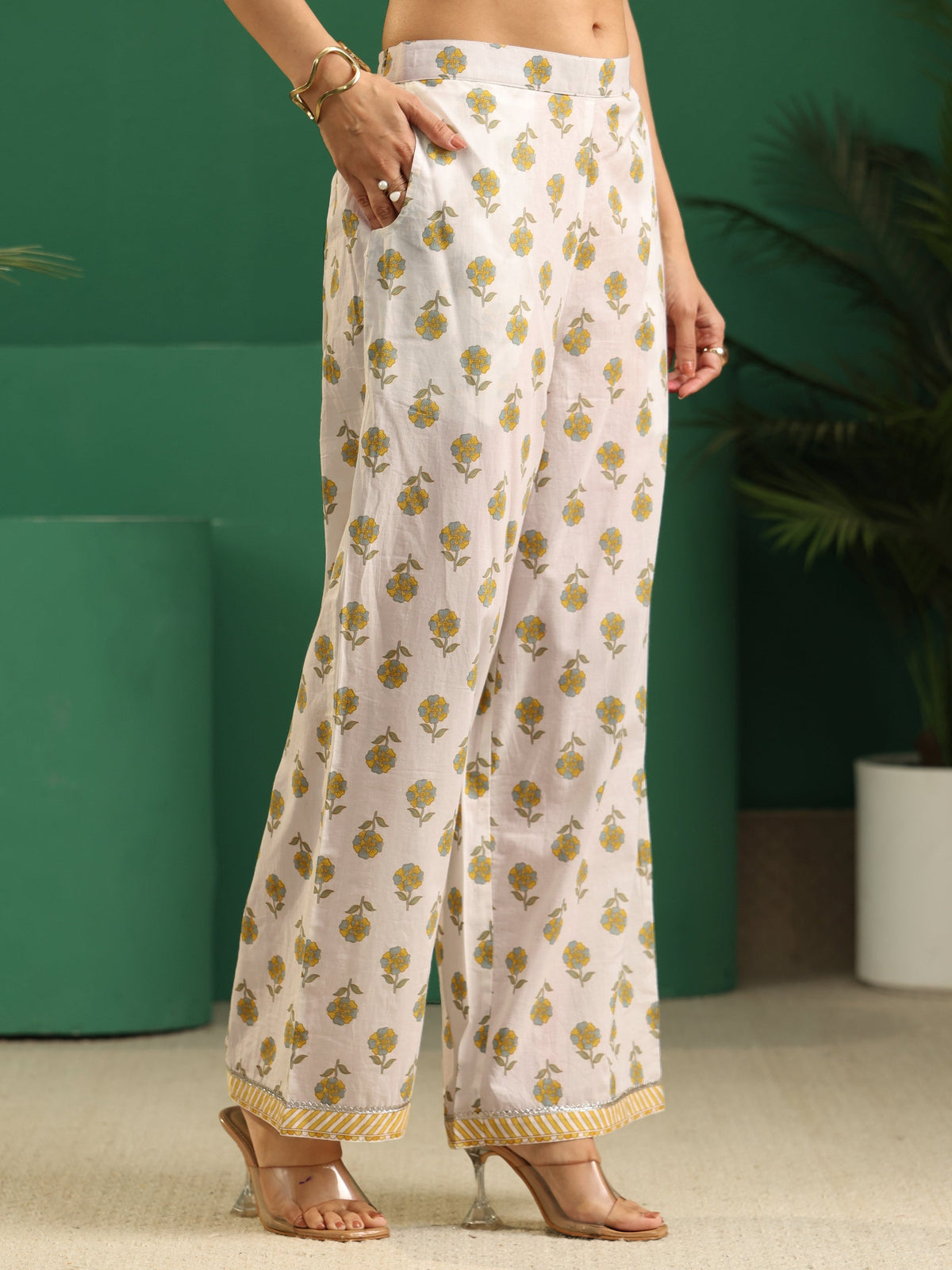 Anouk White Floral Printed Cotton Anarkali Suit Set