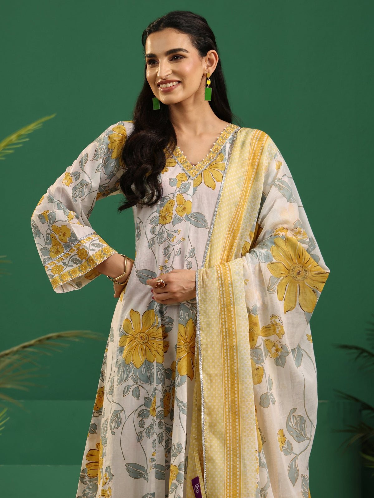 Anouk White Floral Printed Cotton Anarkali Suit Set