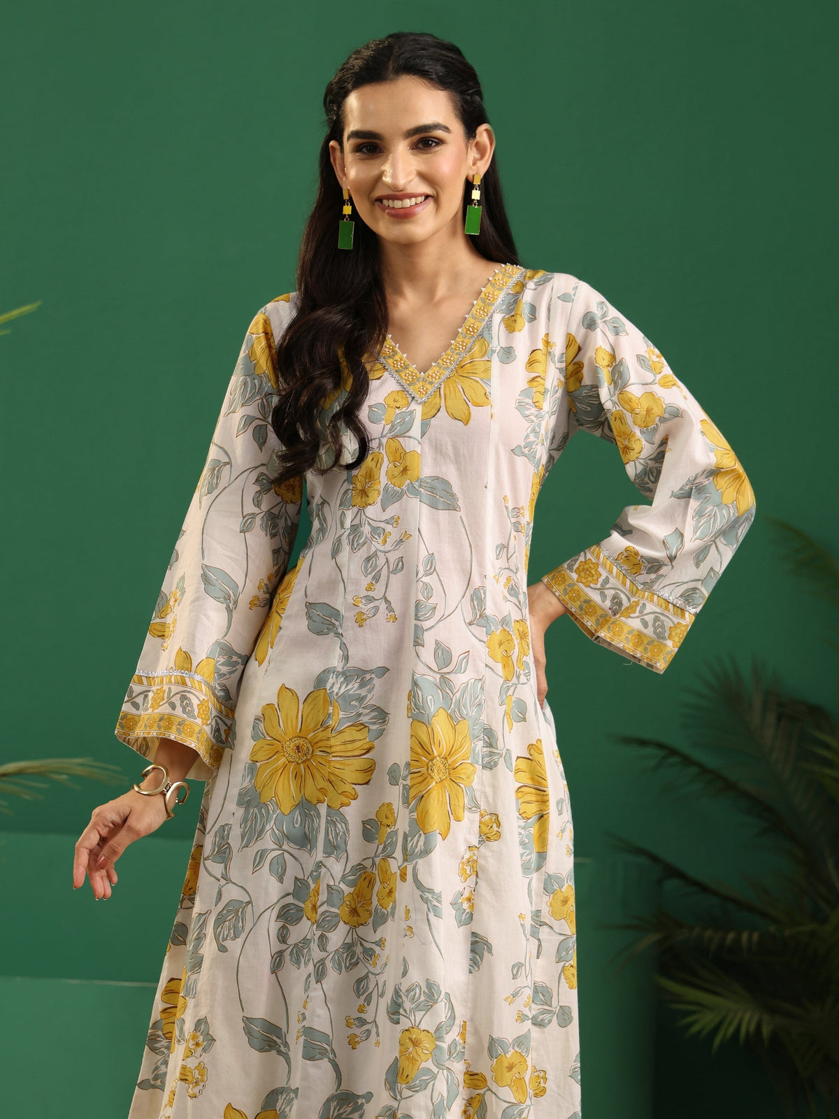 Anouk White Floral Printed Cotton Anarkali Suit Set