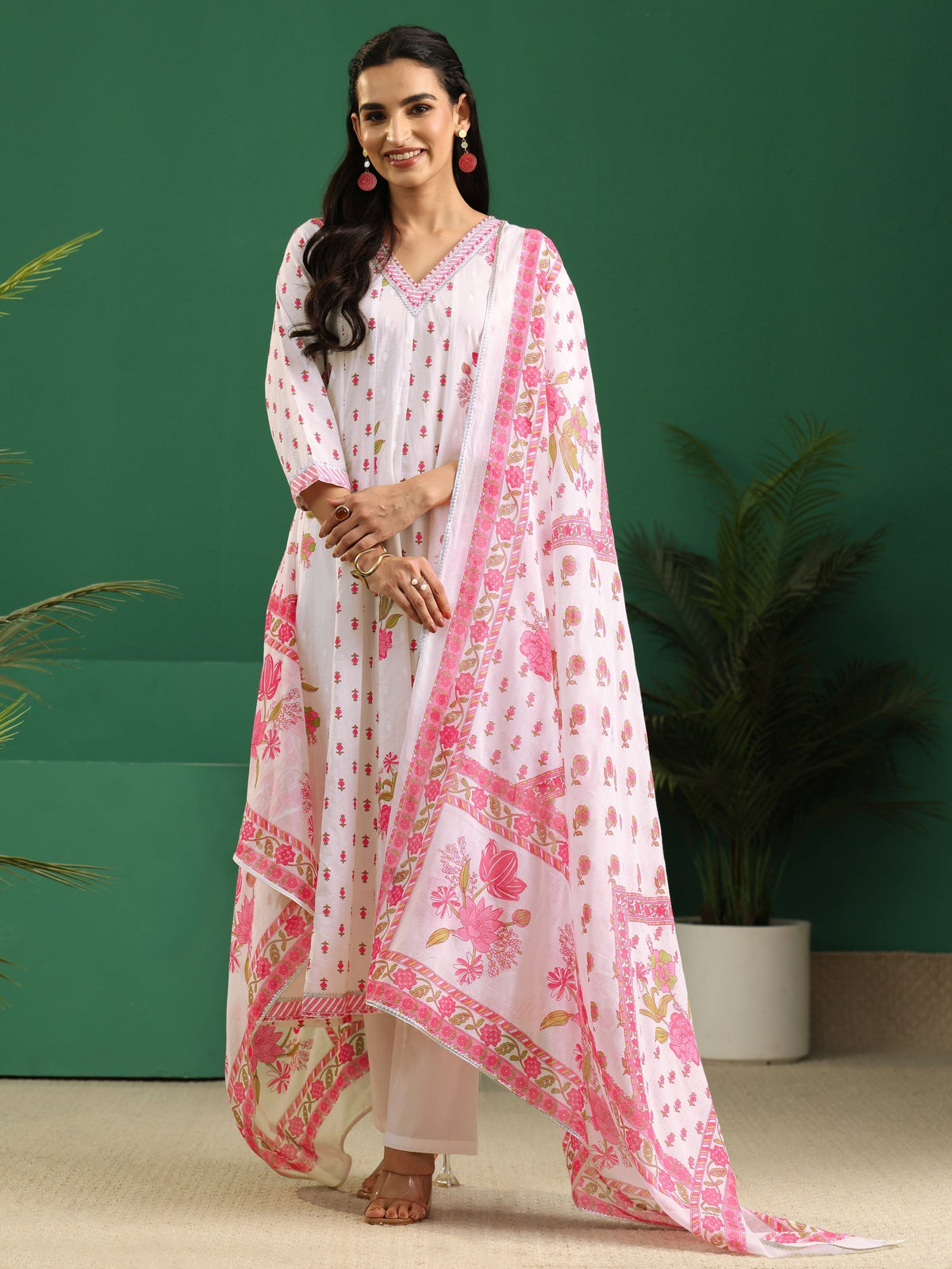Anouk White Floral Printed Cotton Anarkali Suit Set