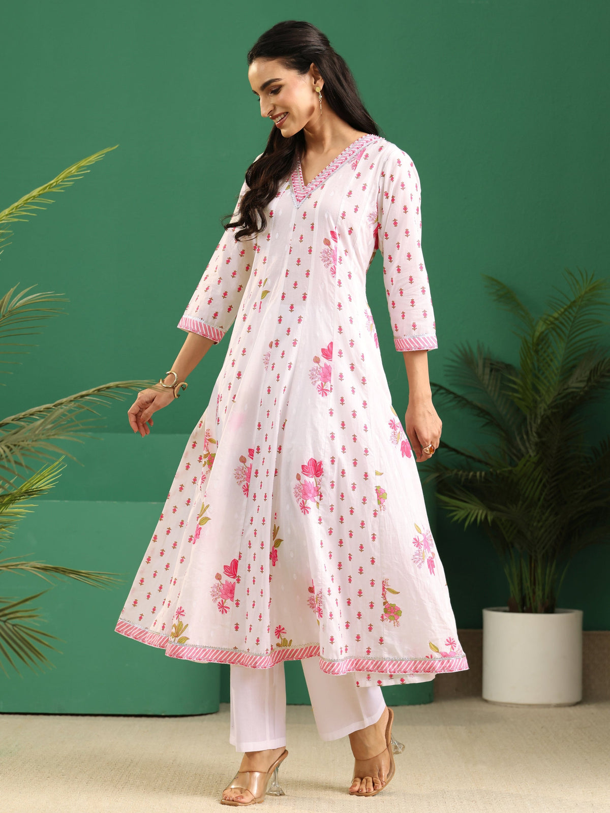 Anouk White Floral Printed Cotton Anarkali Suit Set