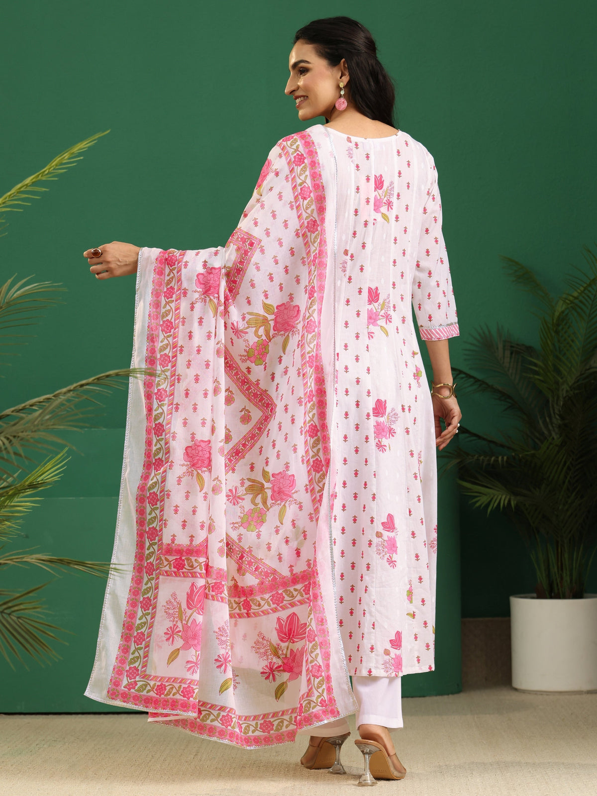 Anouk White Floral Printed Cotton Anarkali Suit Set
