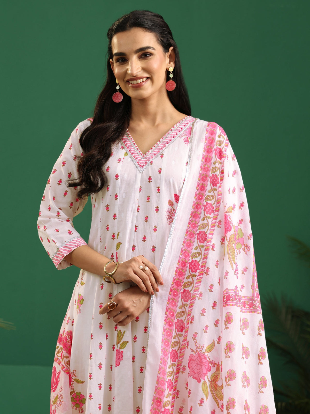 Anouk White Floral Printed Cotton Anarkali Suit Set