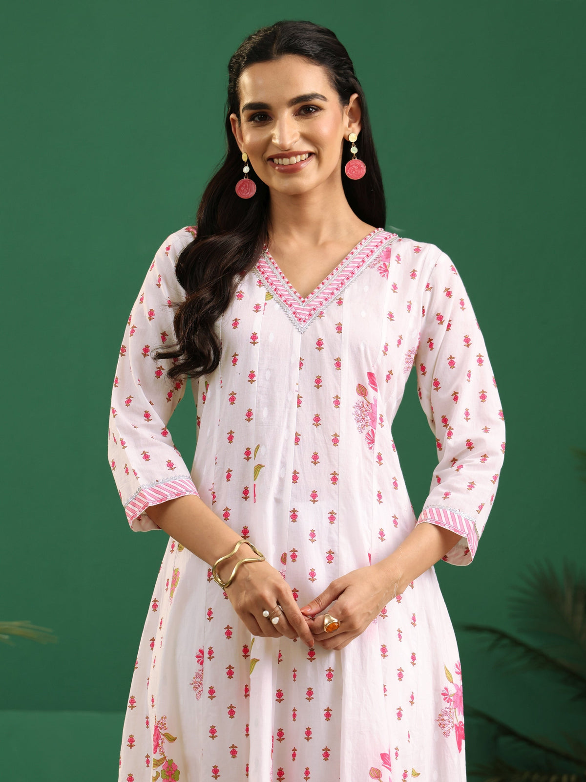 Anouk White Floral Printed Cotton Anarkali Suit Set