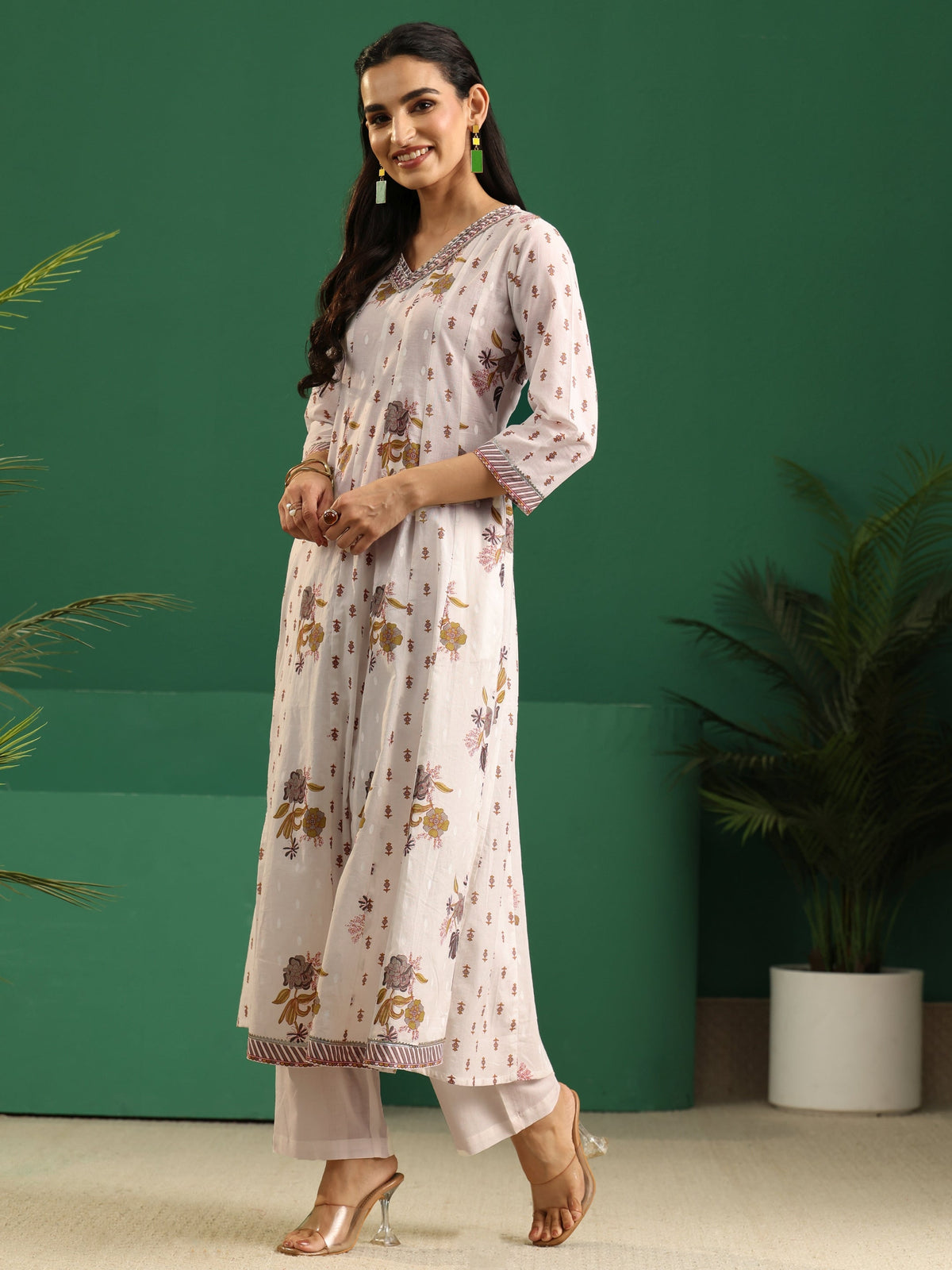 Anouk Off White Floral Printed Cotton Anarkali Suit Set