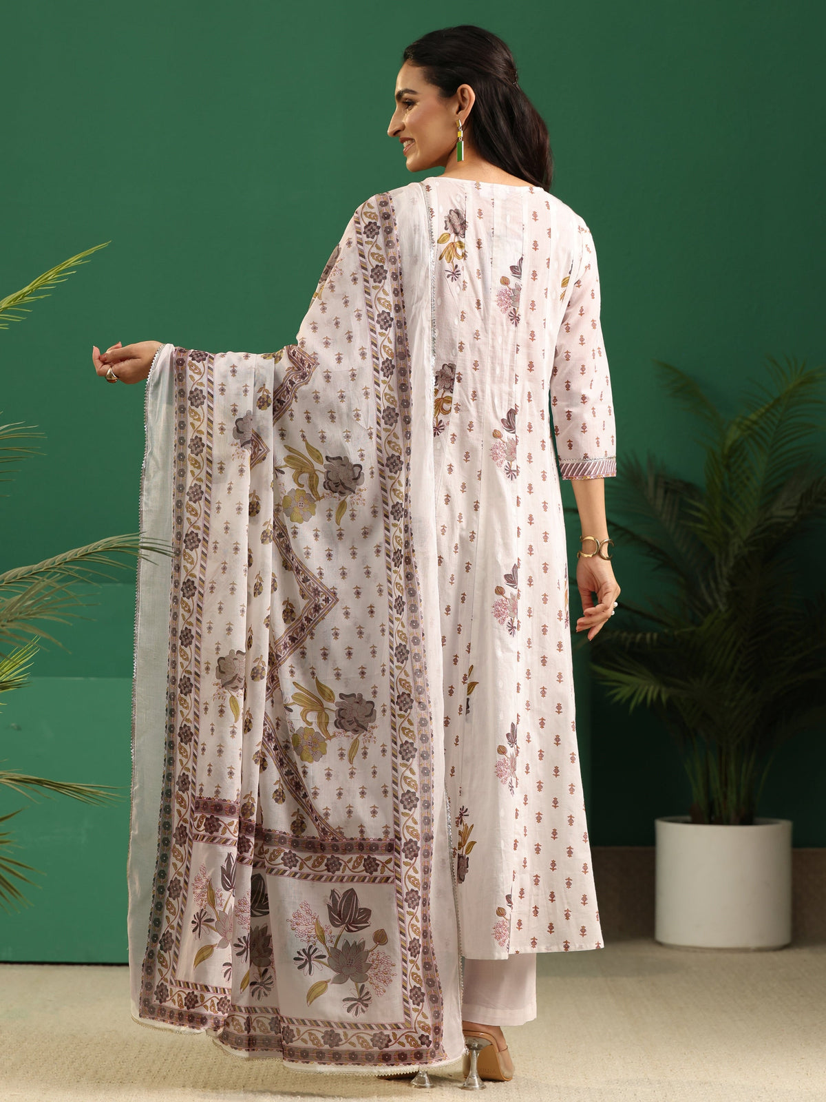 Anouk Off White Floral Printed Cotton Anarkali Suit Set
