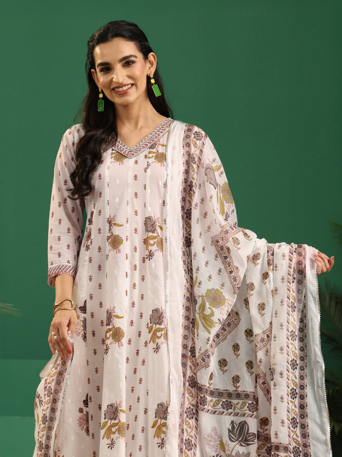 Anouk Off White Floral Printed Cotton Anarkali Suit Set