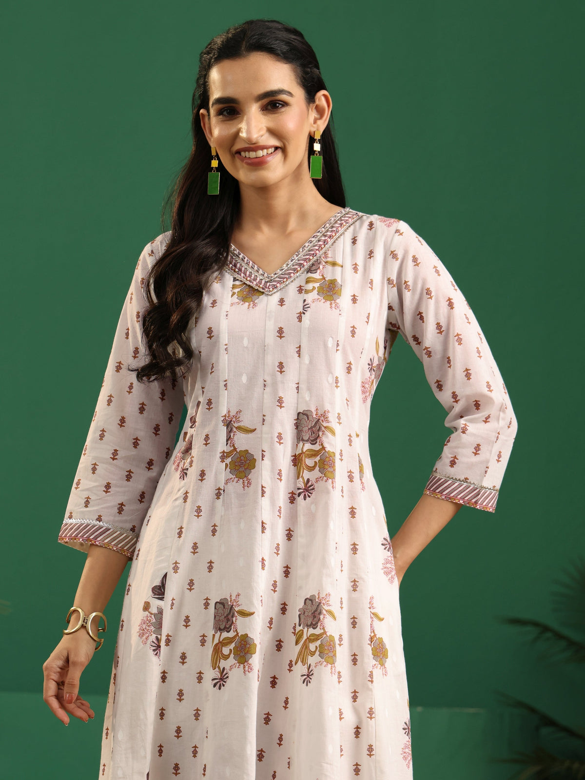 Anouk Off White Floral Printed Cotton Anarkali Suit Set