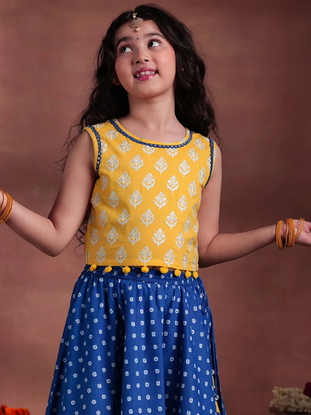 Anouk Kids Yellow Cotton Printed Lehenga Set