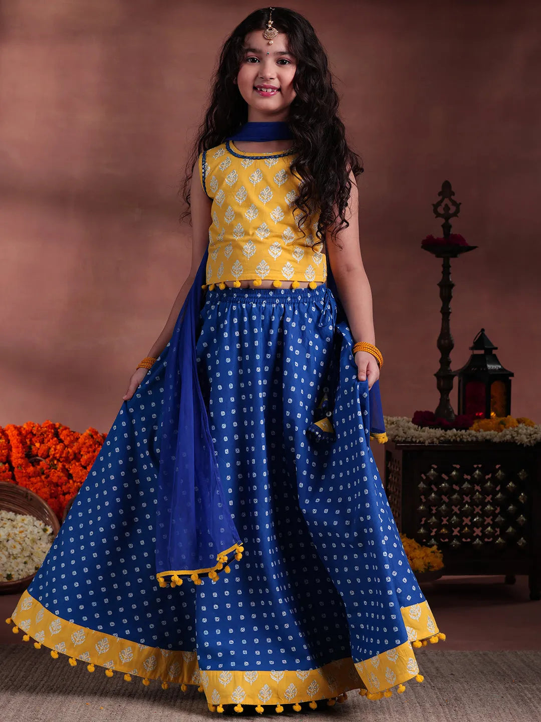 Anouk Kids Yellow Cotton Printed Lehenga Set