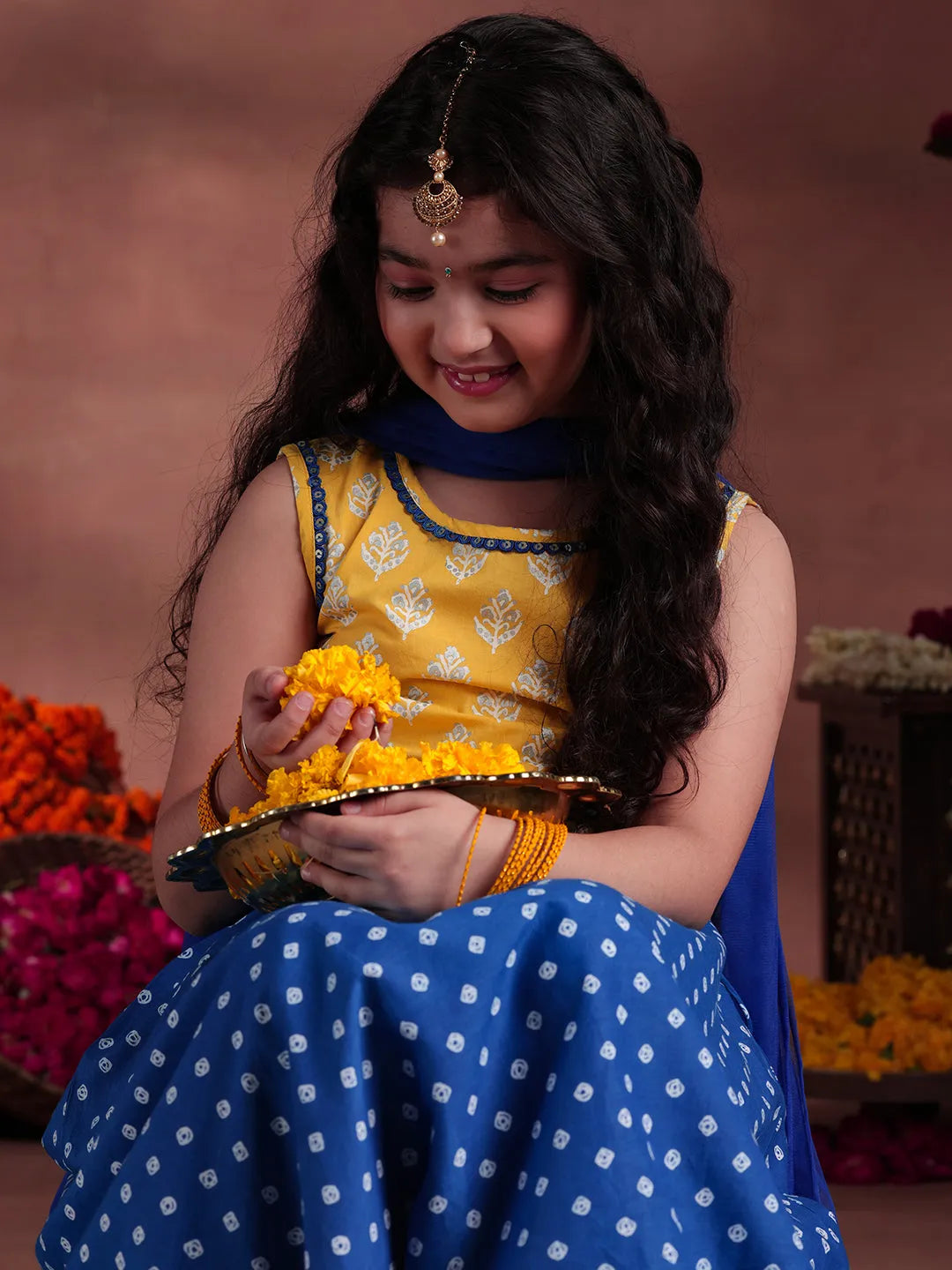Anouk Kids Yellow Cotton Printed Lehenga Set