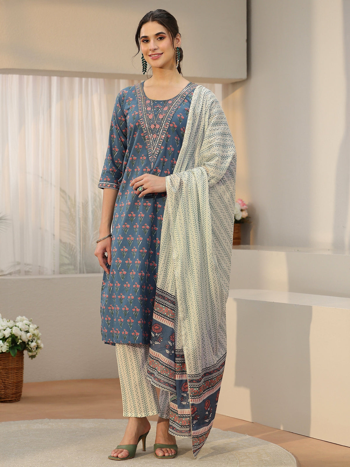 Anouk Dusty Blue Floral Printed Cotton Straight Suit Set