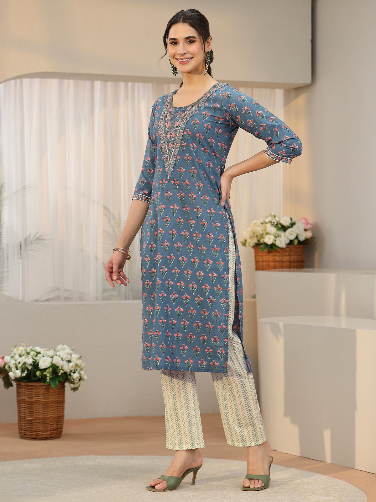 Anouk Dusty Blue Floral Printed Cotton Straight Suit Set