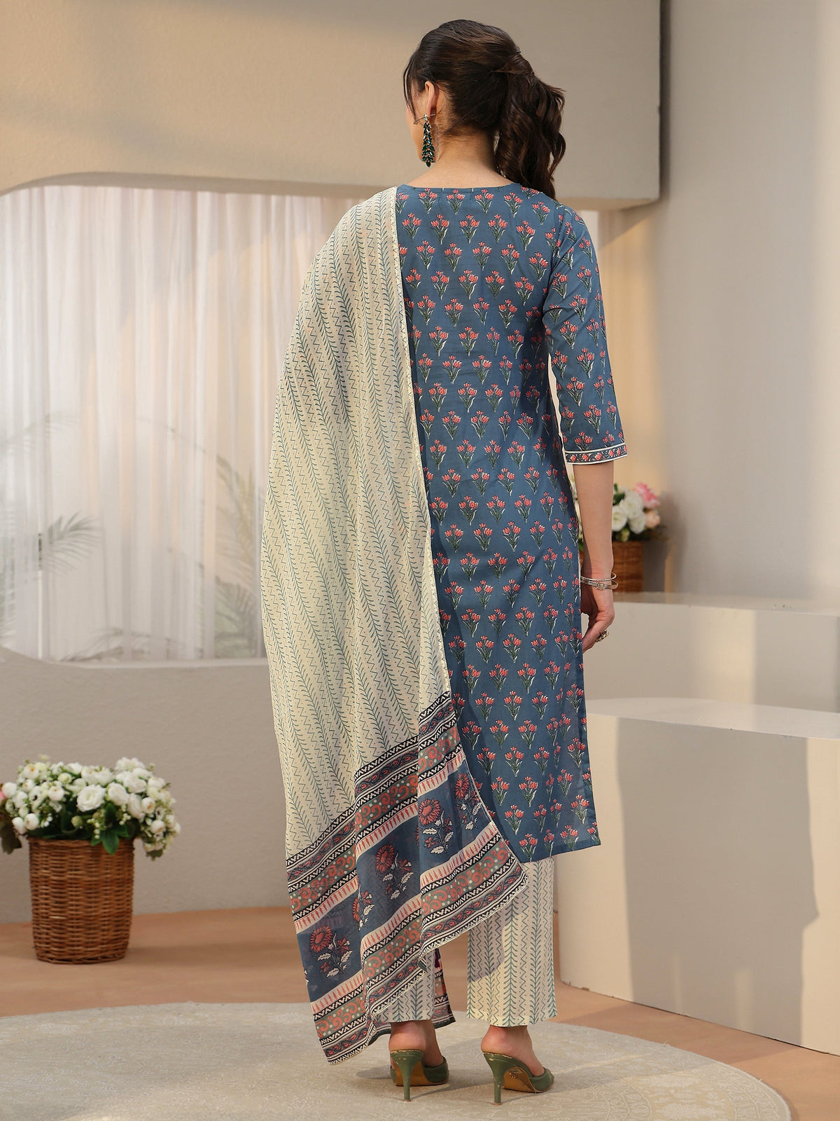 Anouk Dusty Blue Floral Printed Cotton Straight Suit Set