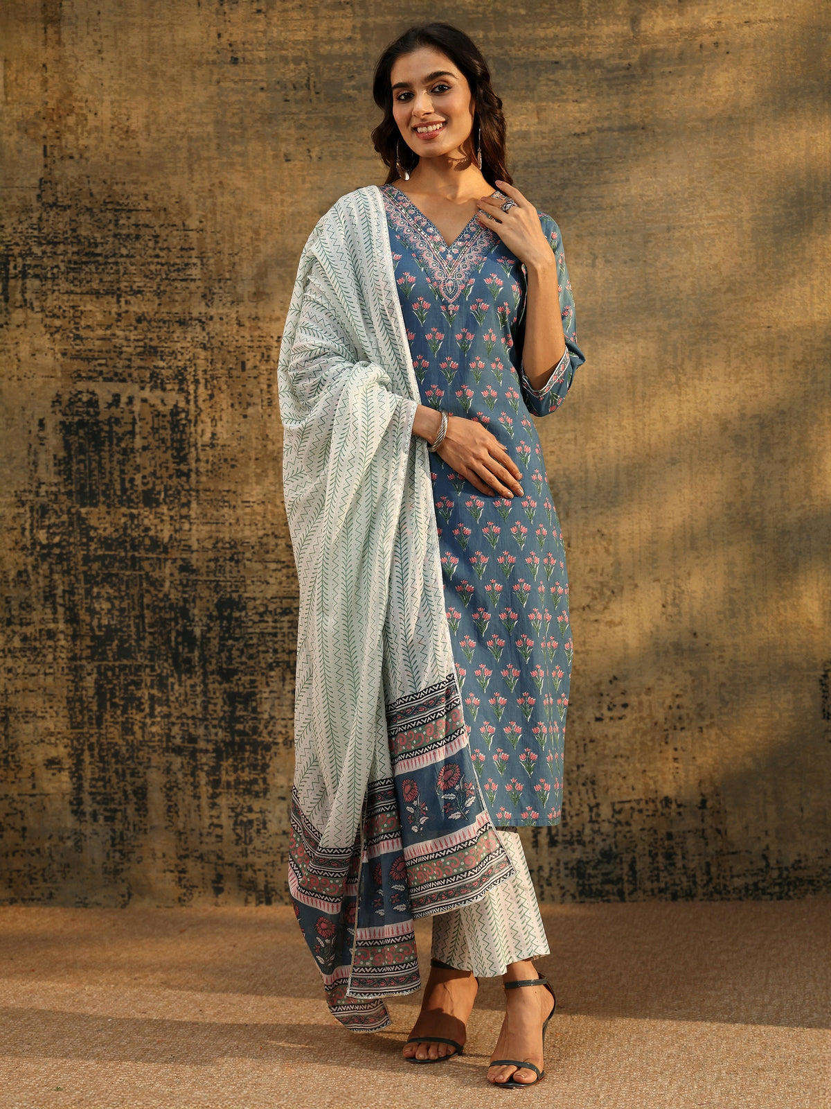 Anouk Dusty Indigo Floral Printed Cotton Straight Suit Set