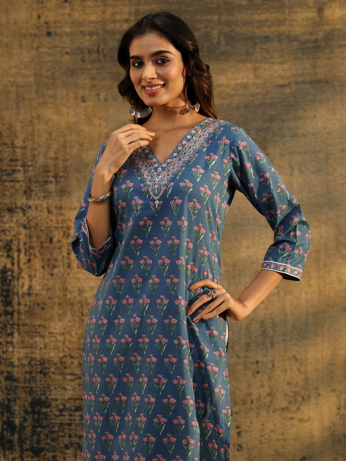 Anouk Dusty Indigo Floral Printed Cotton Straight Suit Set