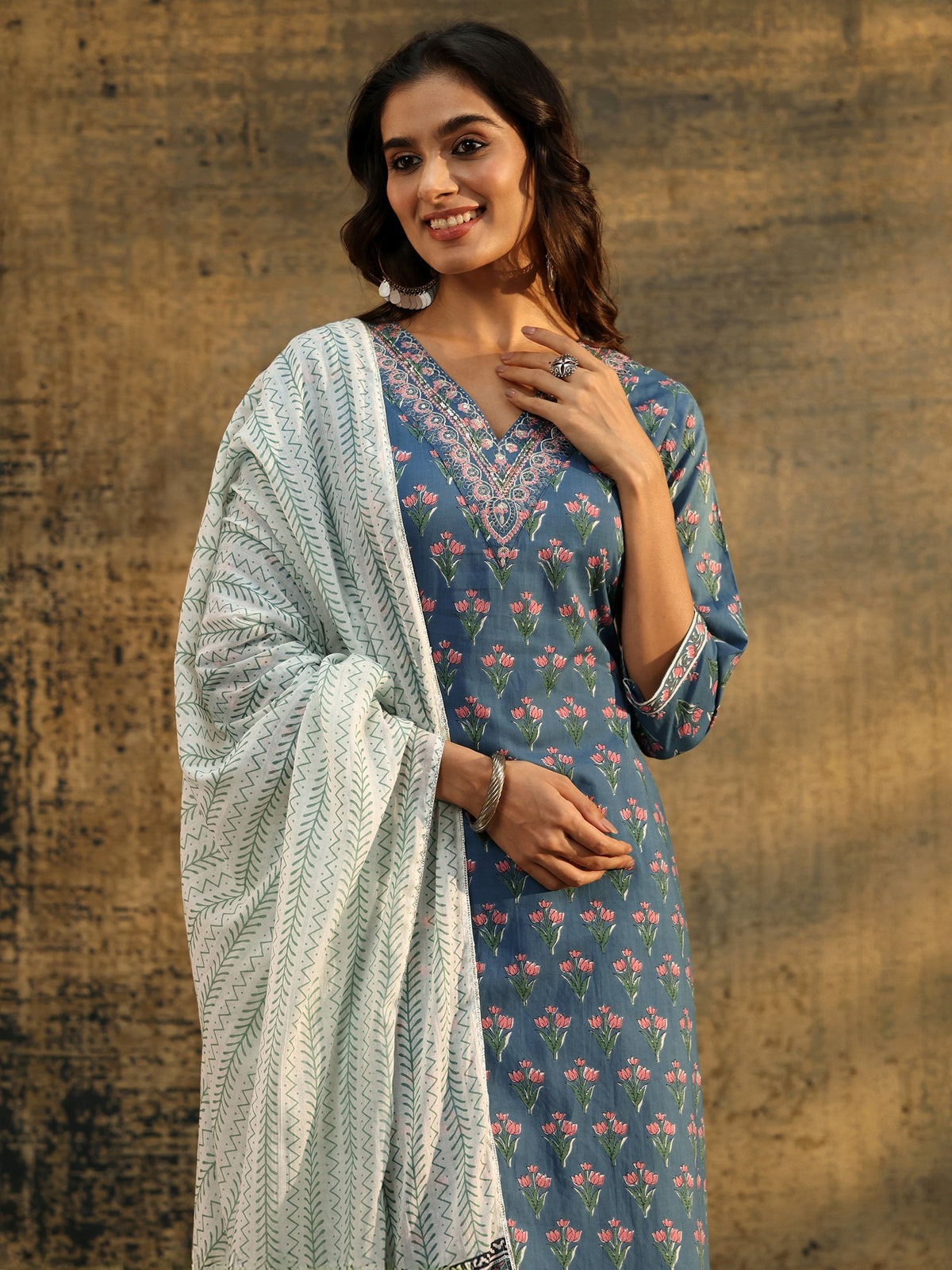 Anouk Dusty Indigo Floral Printed Cotton Straight Suit Set