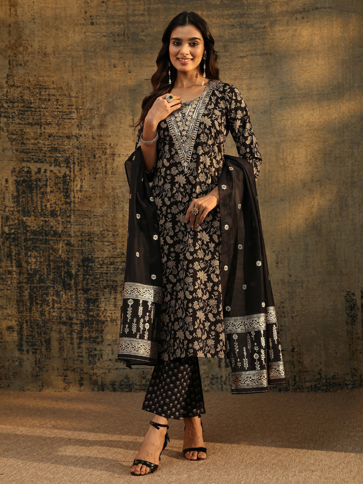 Anouk Black Floral Printed Cotton Straight Suit Set