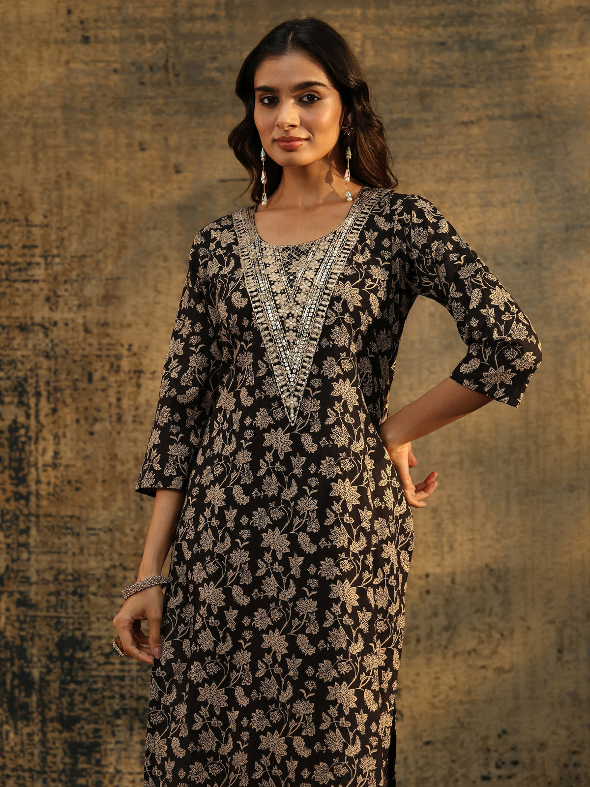 Anouk Black Floral Printed Cotton Straight Suit Set