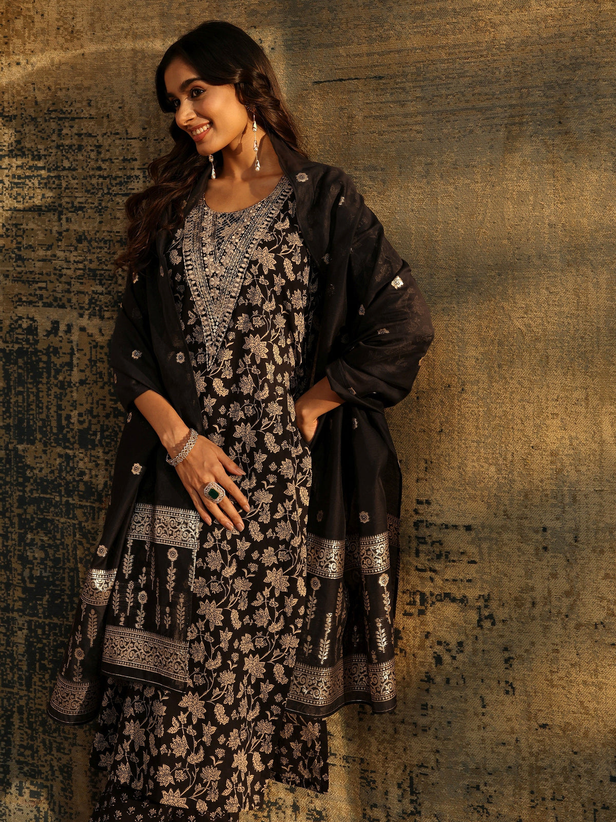 Anouk Black Floral Printed Cotton Straight Suit Set