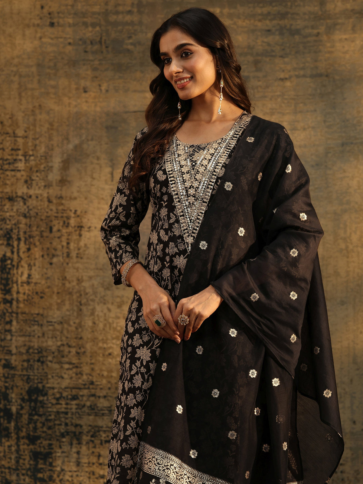 Anouk Black Floral Printed Cotton Straight Suit Set