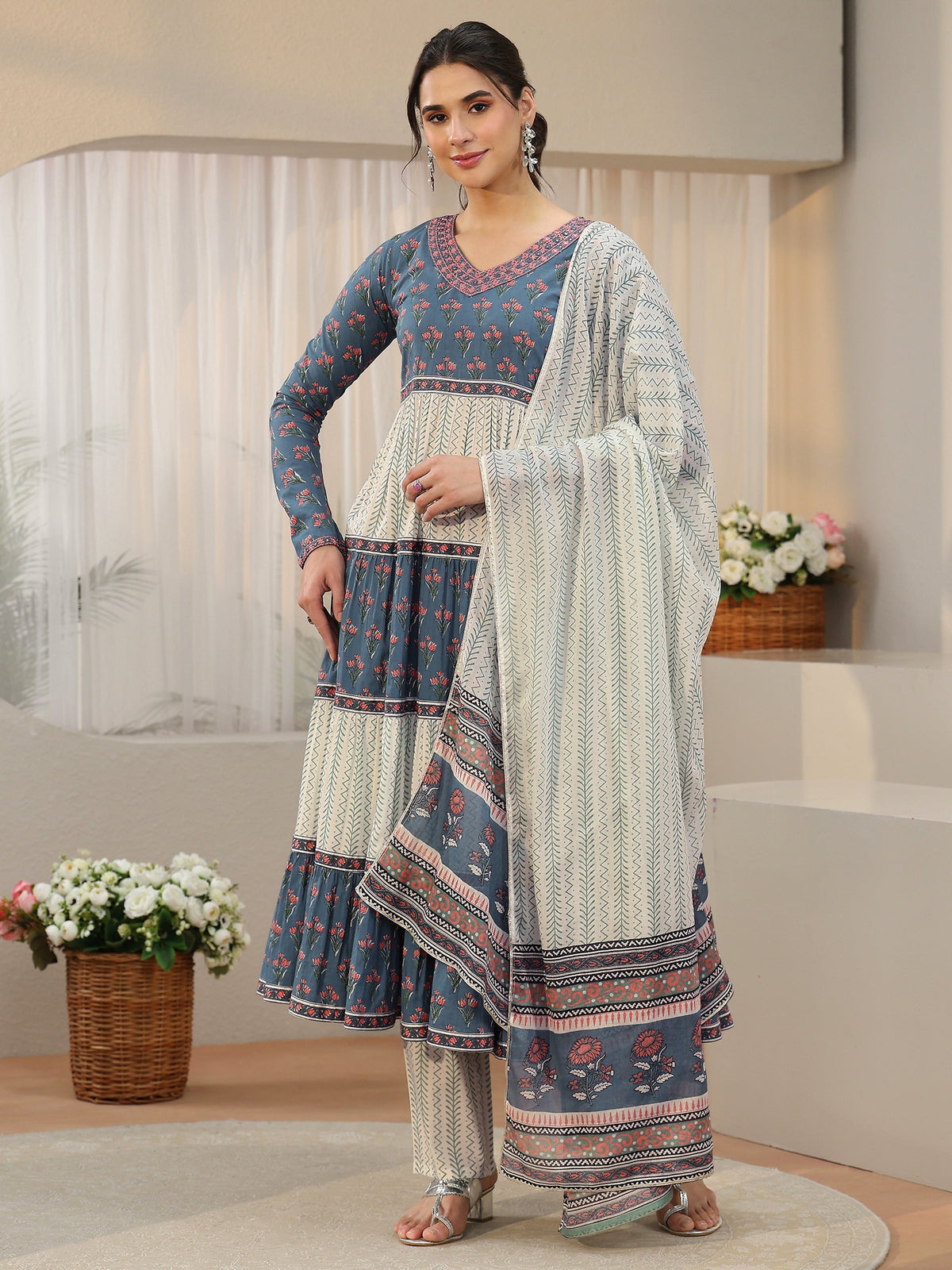 Anouk Blue Floral Printed Cotton Anarkali Suit Set