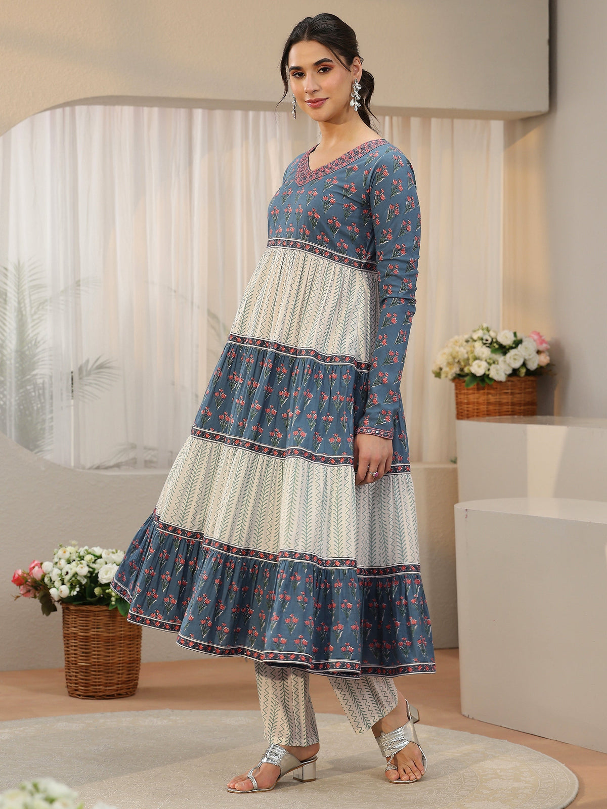 Anouk Blue Floral Printed Cotton Anarkali Suit Set