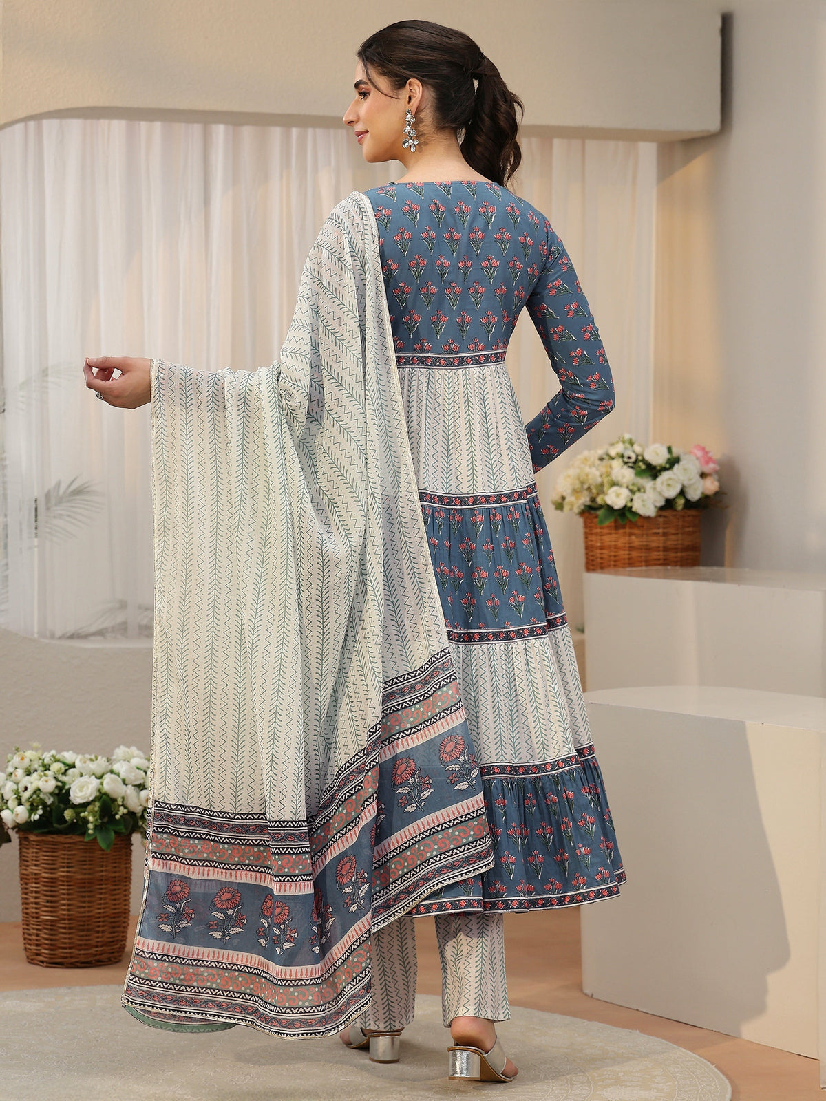 Anouk Blue Floral Printed Cotton Anarkali Suit Set