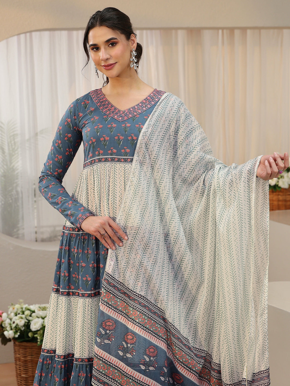 Anouk Blue Floral Printed Cotton Anarkali Suit Set