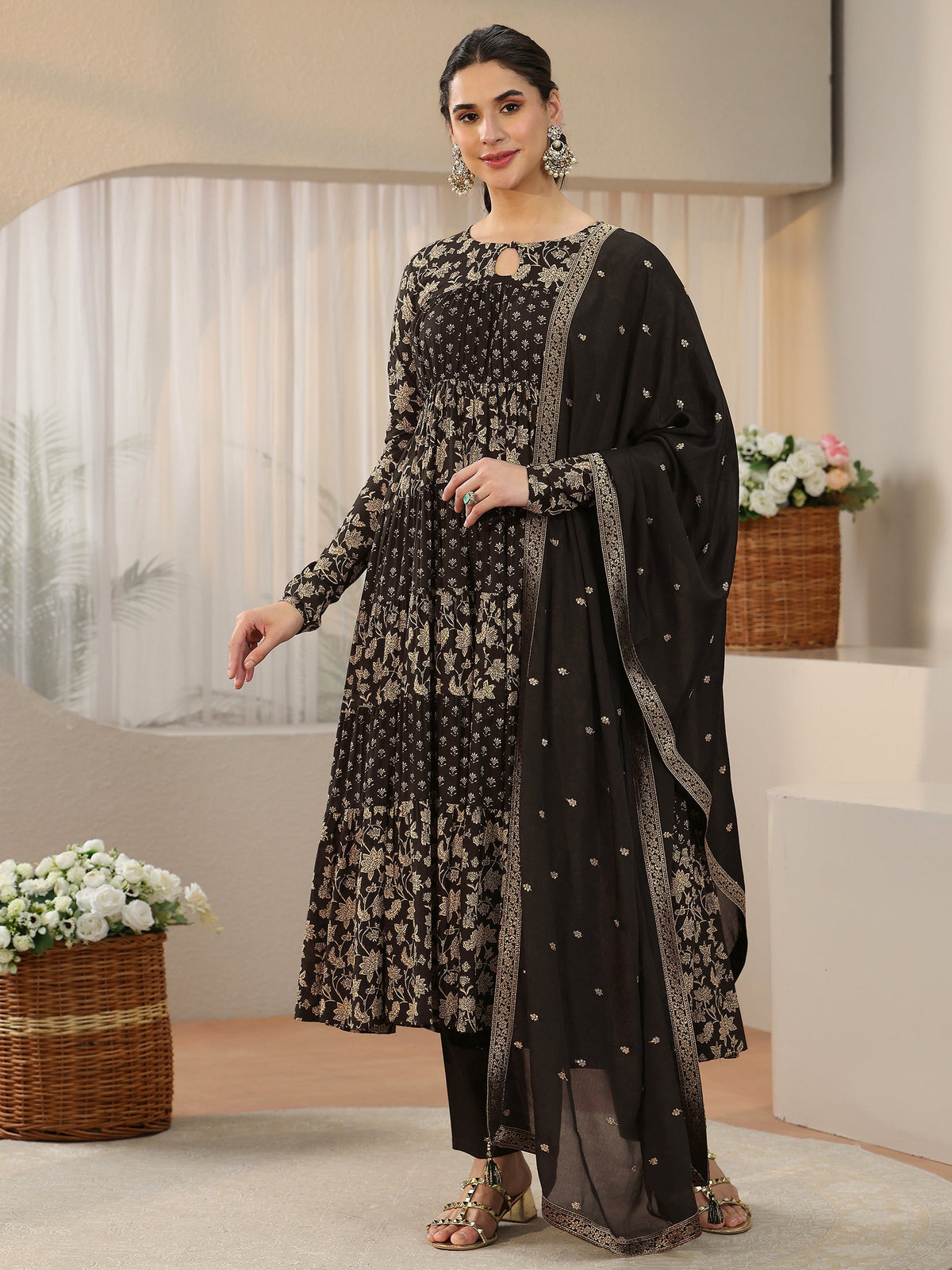 Anouk Black Floral Printed Cotton Anarkali Suit Set