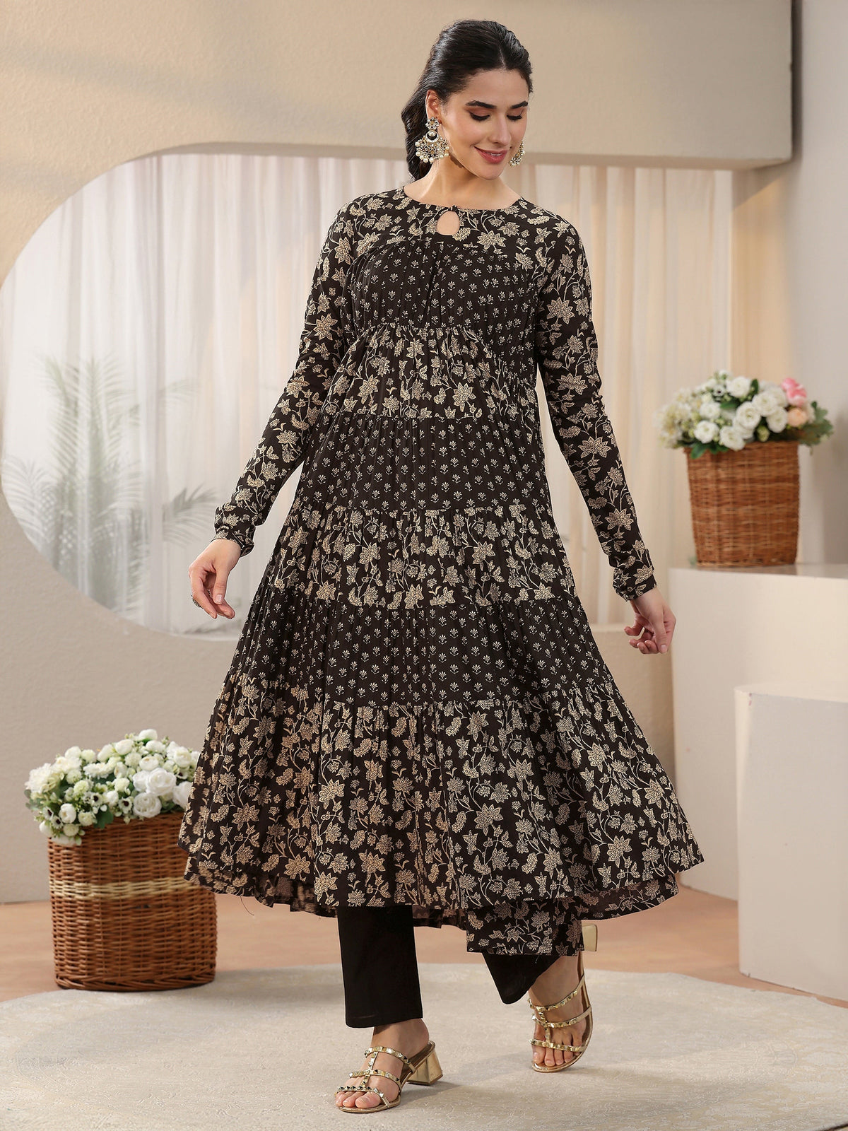 Anouk Black Floral Printed Cotton Anarkali Suit Set