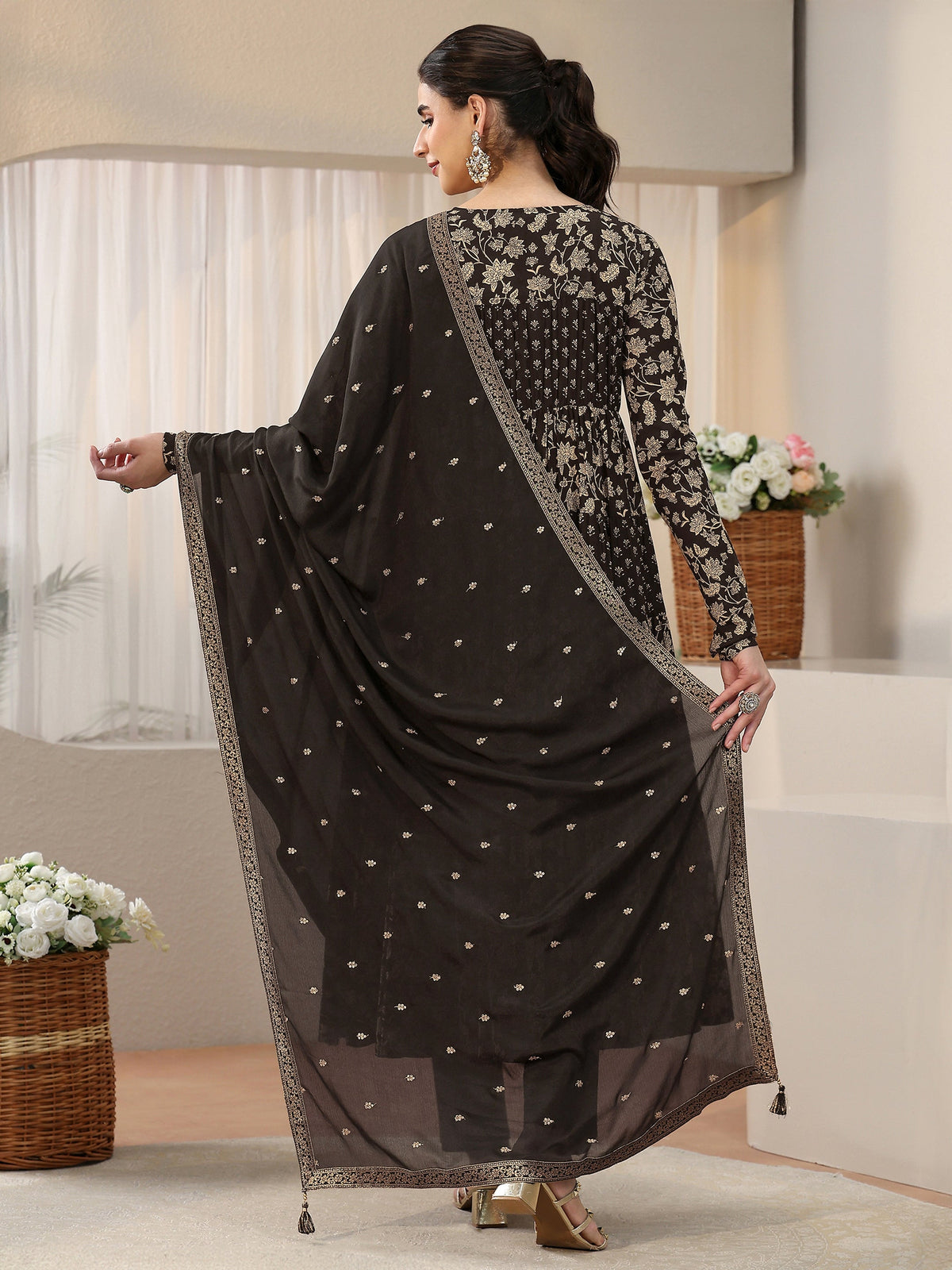 Anouk Black Floral Printed Cotton Anarkali Suit Set