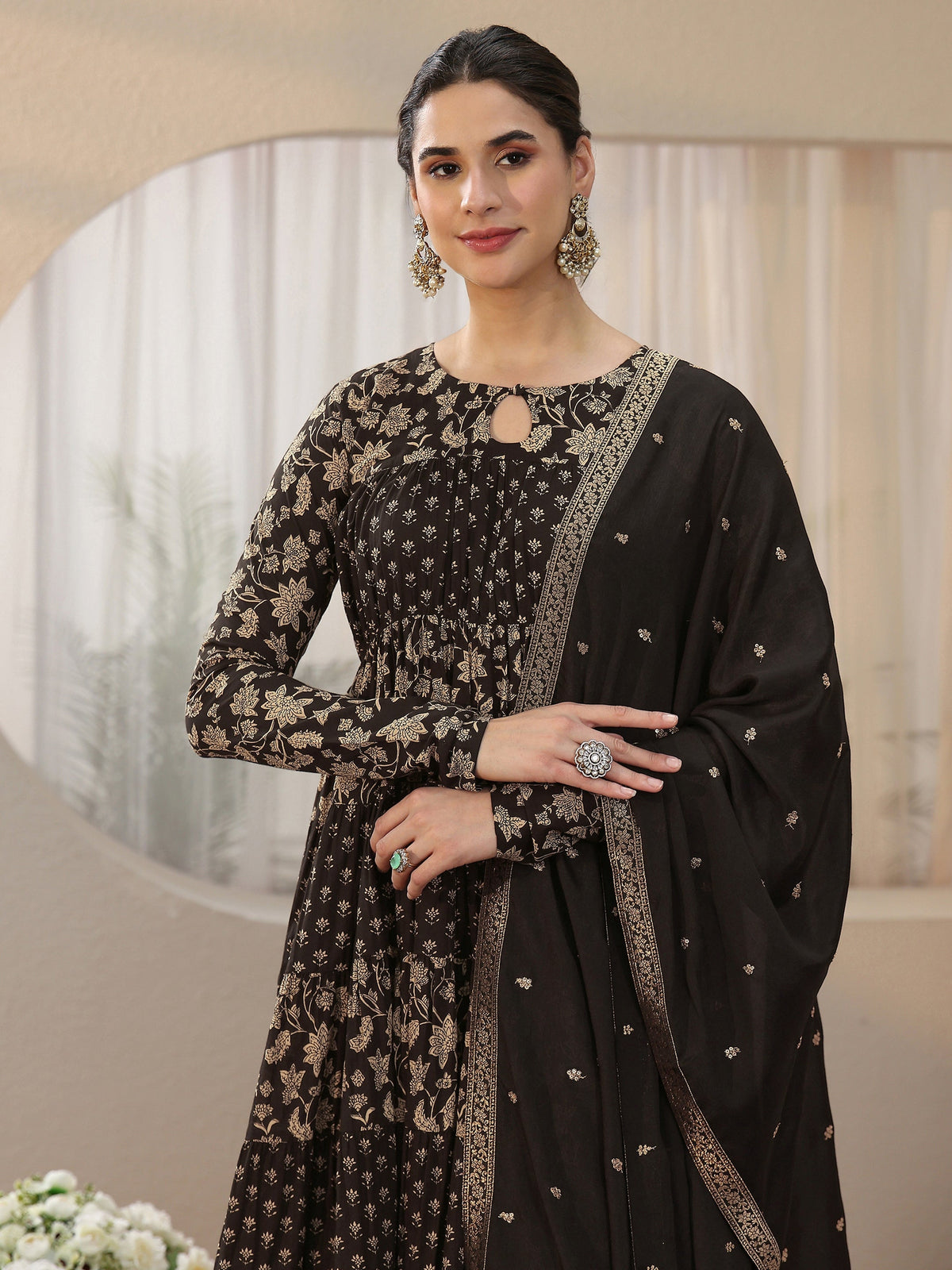 Anouk Black Floral Printed Cotton Anarkali Suit Set