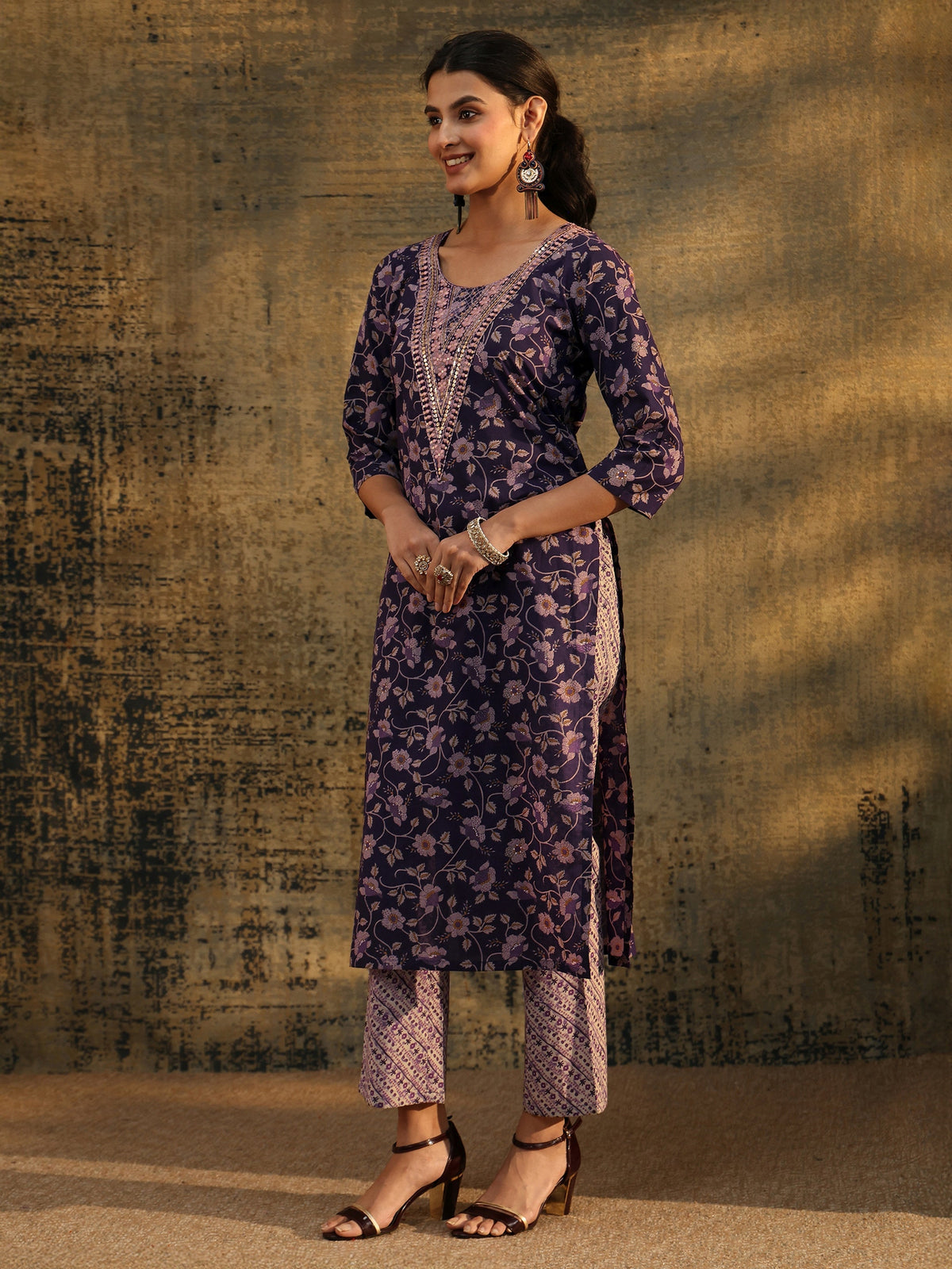 Anouk Plum Purple Floral Printed Cotton Straight Suit Set
