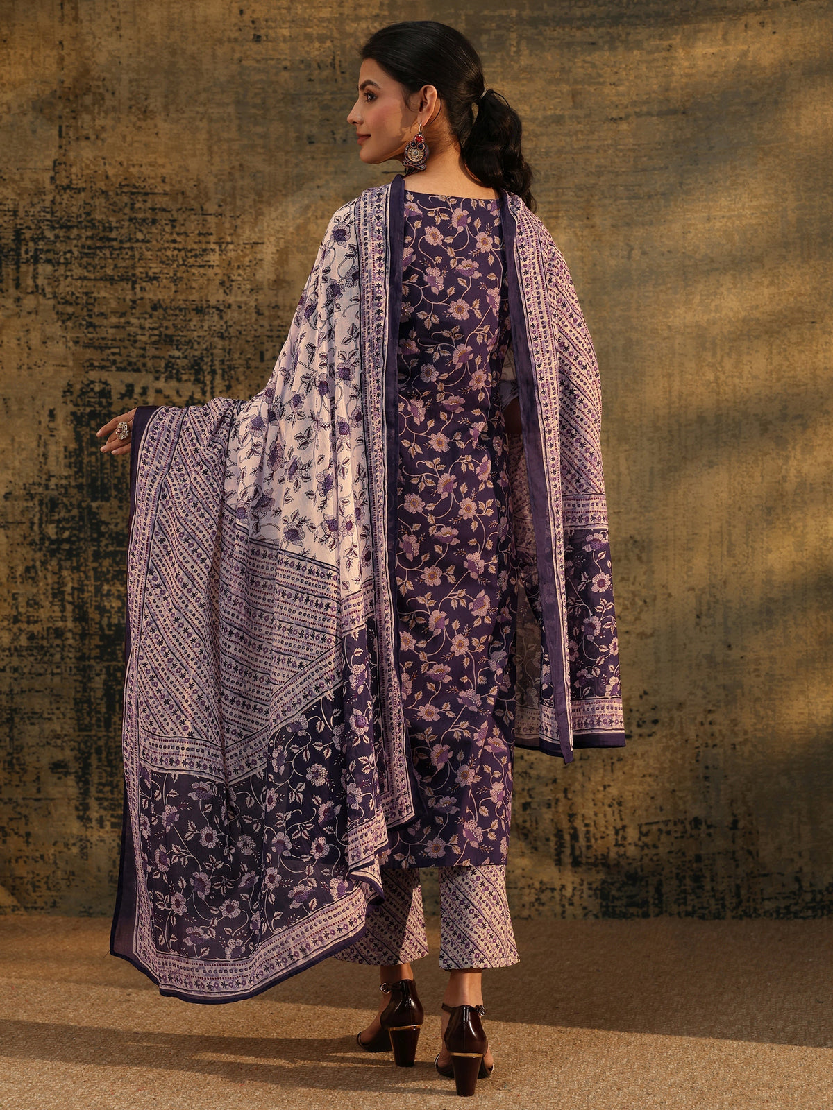Anouk Plum Purple Floral Printed Cotton Straight Suit Set