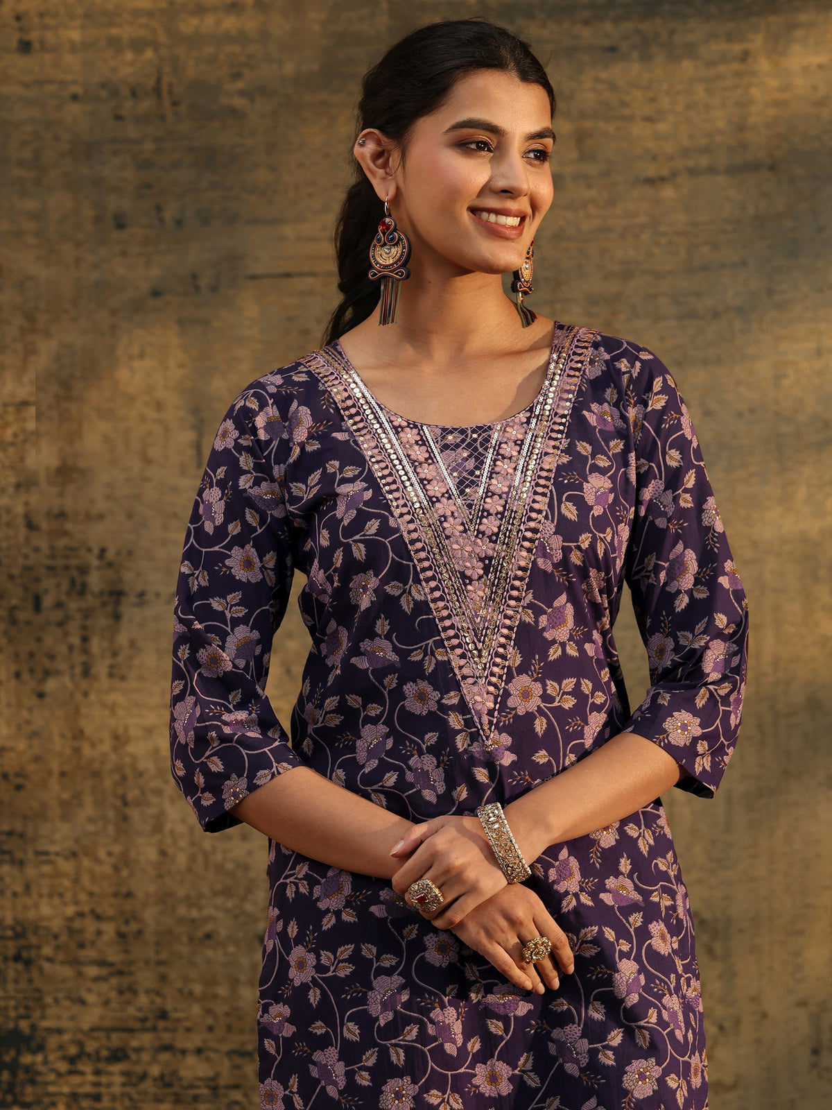 Anouk Plum Purple Floral Printed Cotton Straight Suit Set