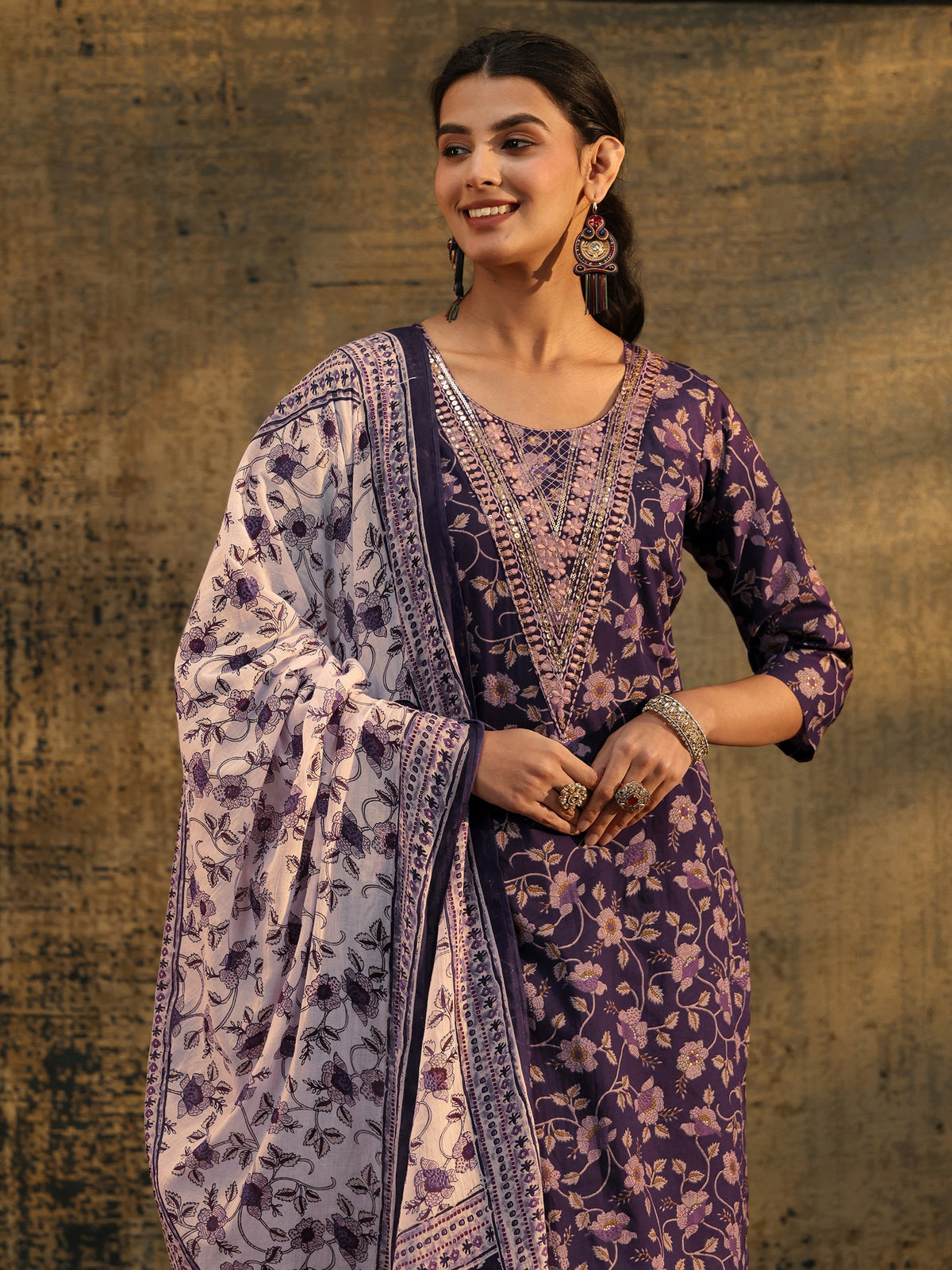 Anouk Plum Purple Floral Printed Cotton Straight Suit Set