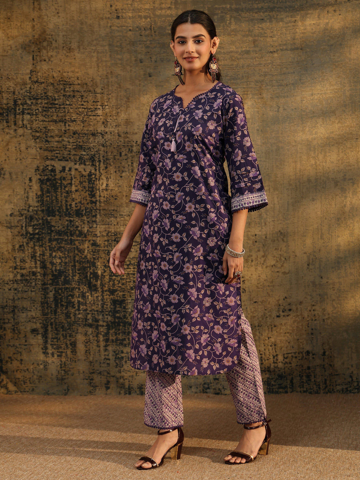Anouk Plum Purple Floral Printed Cotton Straight Suit Set