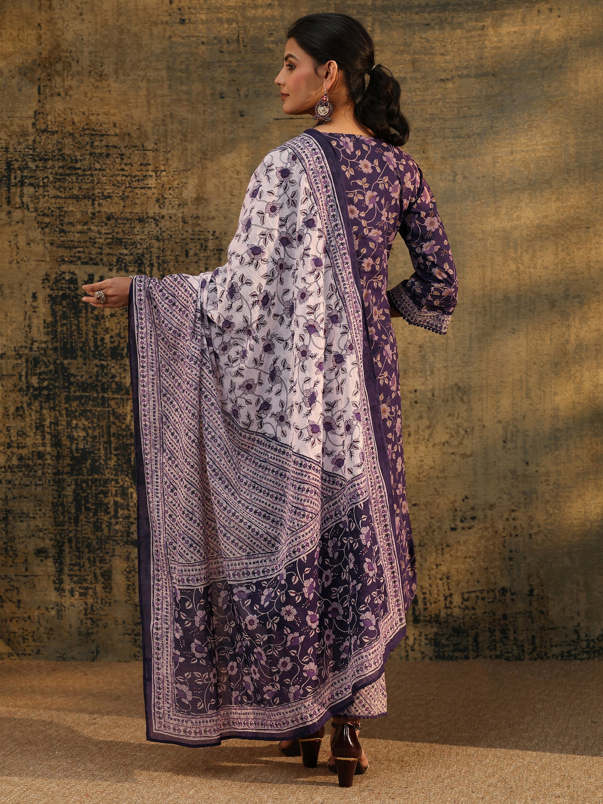 Anouk Plum Purple Floral Printed Cotton Straight Suit Set