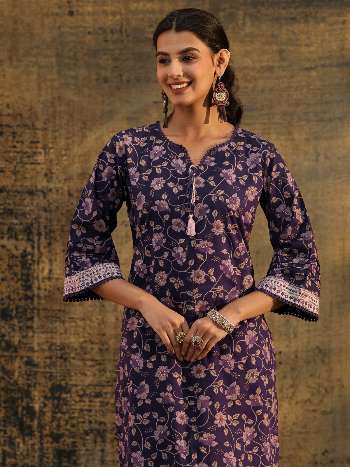 Anouk Plum Purple Floral Printed Cotton Straight Suit Set