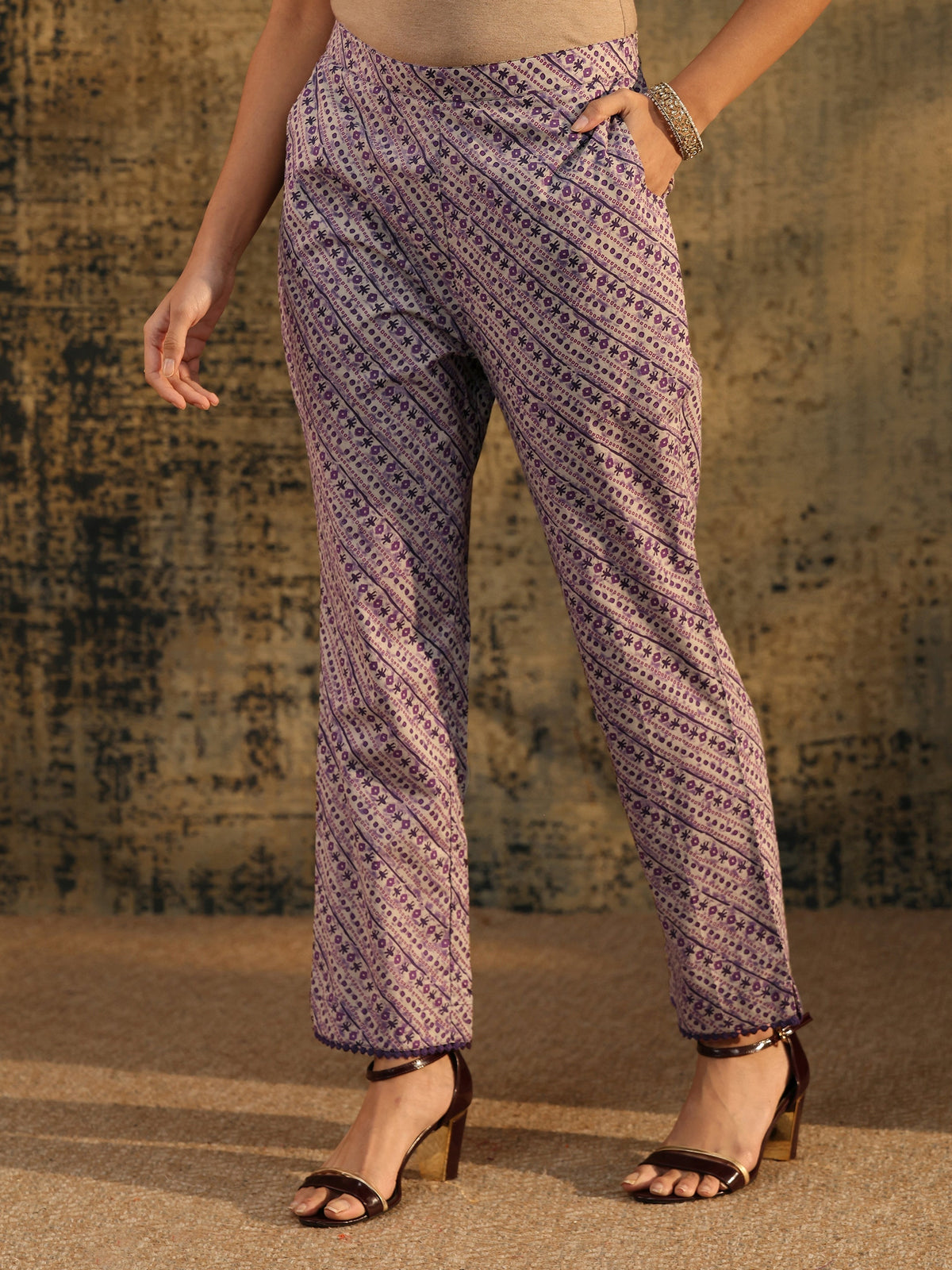 Anouk Plum Purple Floral Printed Cotton Straight Suit Set