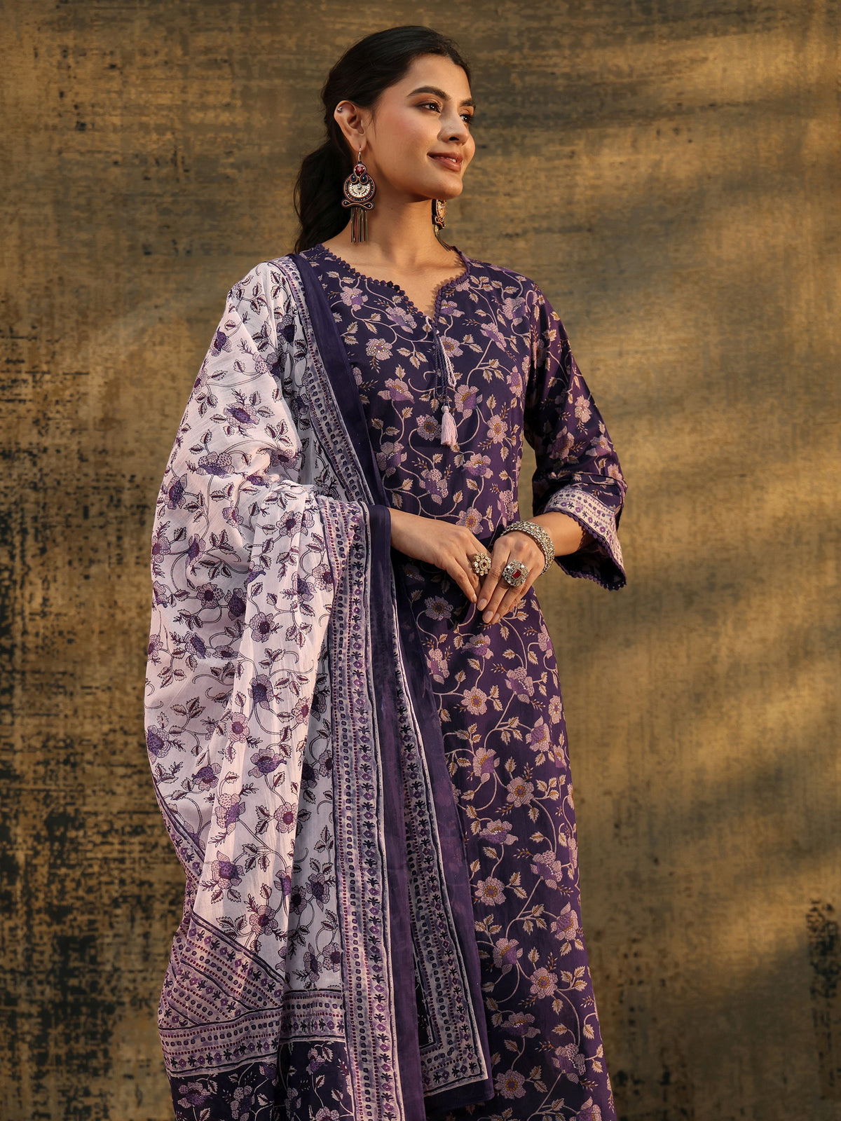 Anouk Plum Purple Floral Printed Cotton Straight Suit Set