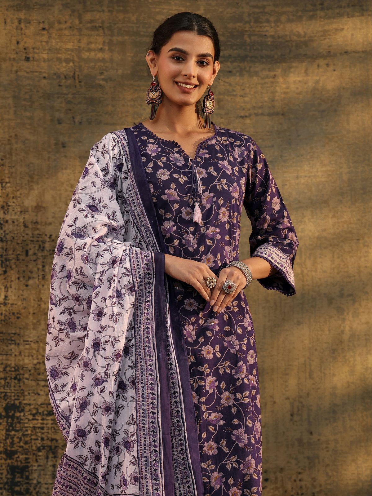 Anouk Plum Purple Floral Printed Cotton Straight Suit Set