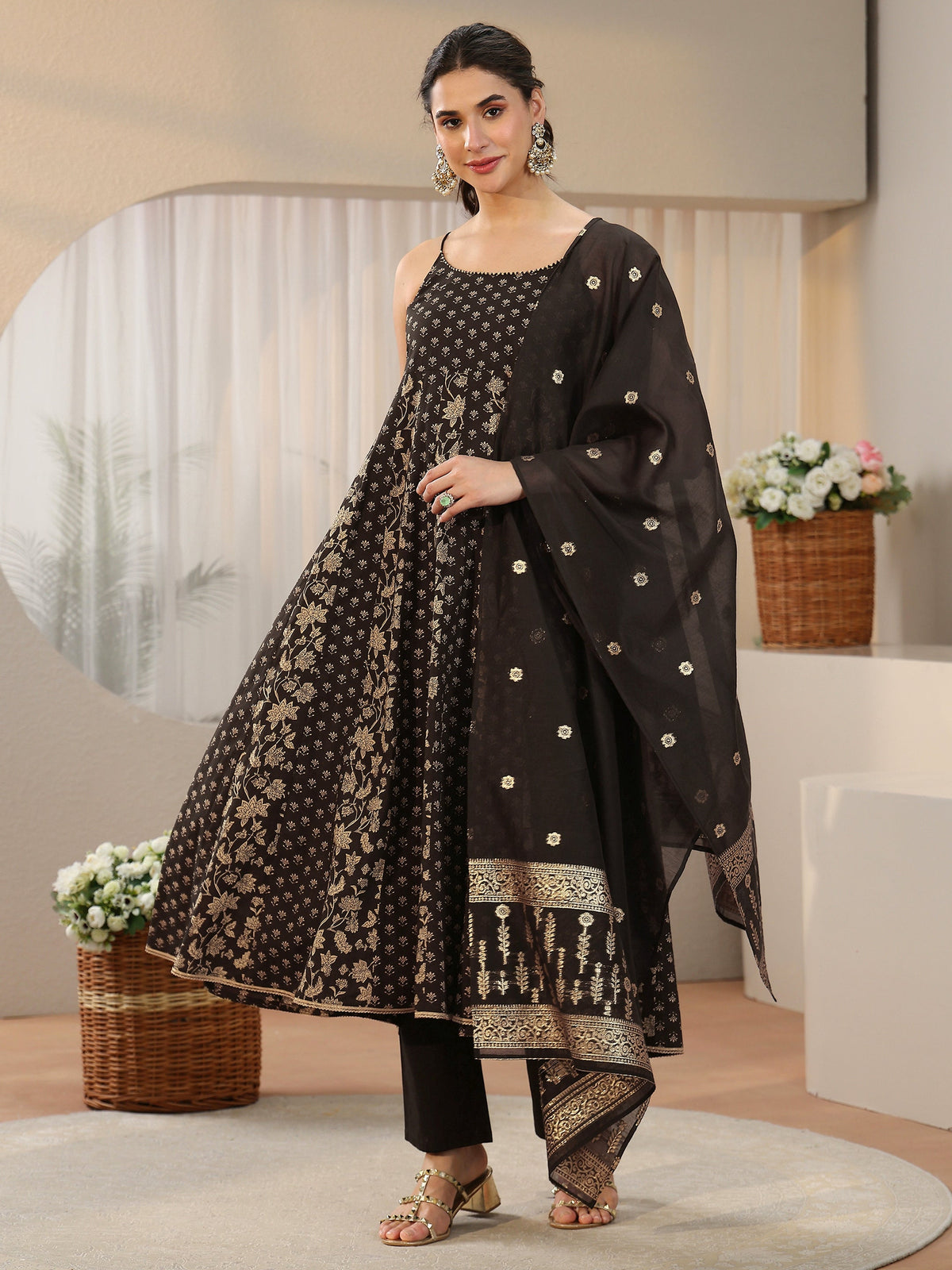 Anouk Black Floral Printed Strappy Cotton Anarkali Suit Set