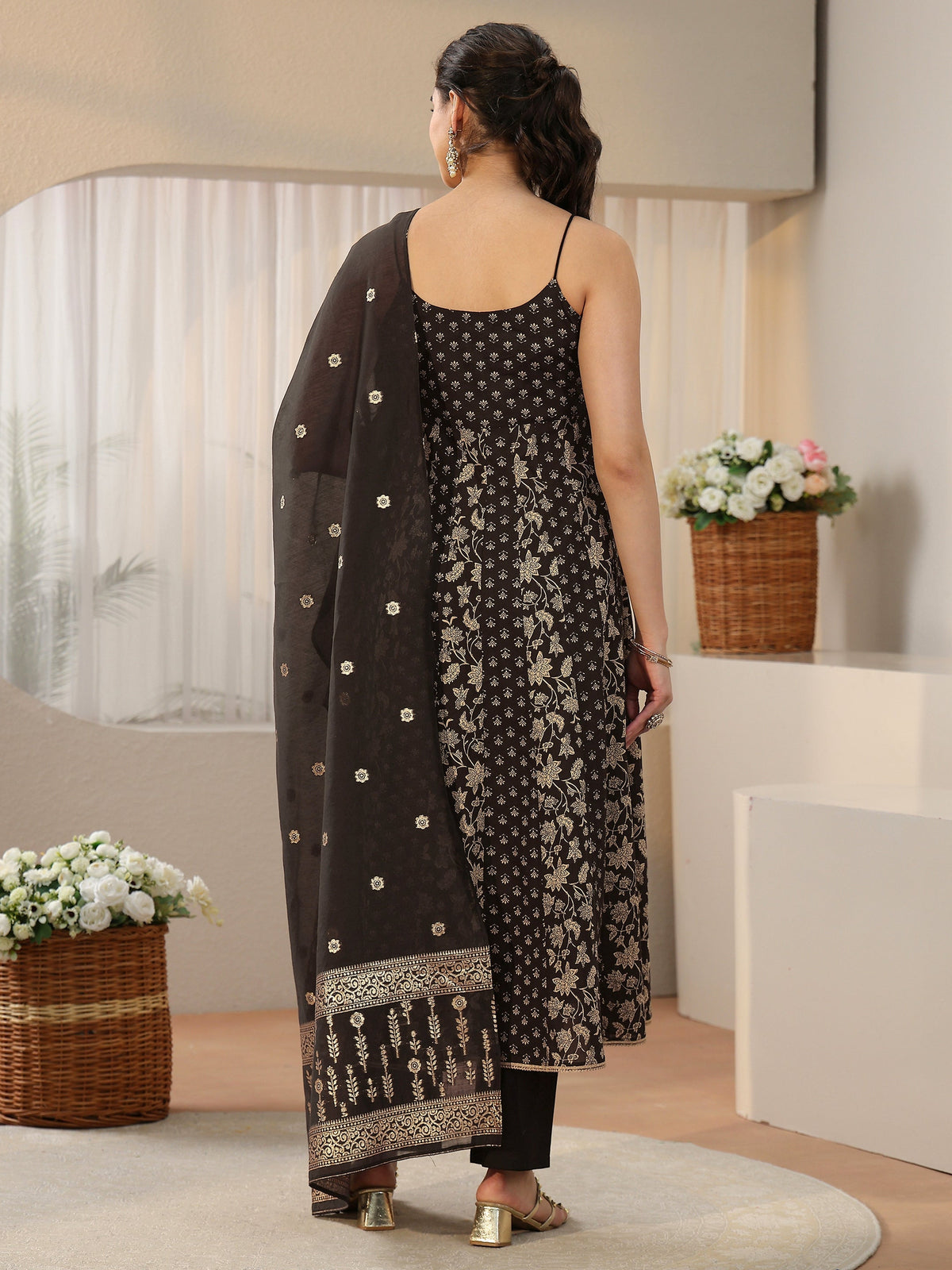 Anouk Black Floral Printed Strappy Cotton Anarkali Suit Set